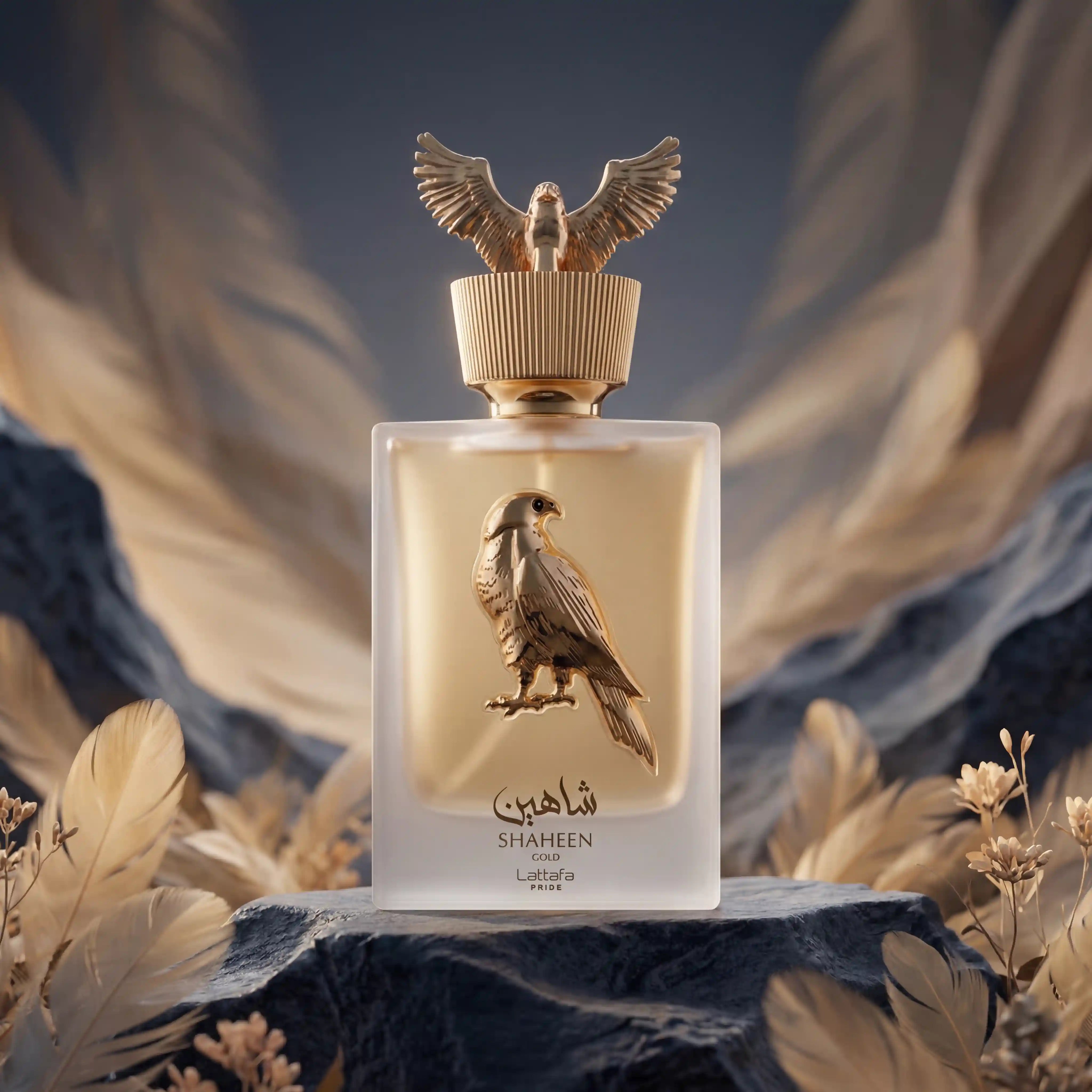 Shaheen Gold Lattafa Eau de Parfum Unisex con fondo creativo de águila