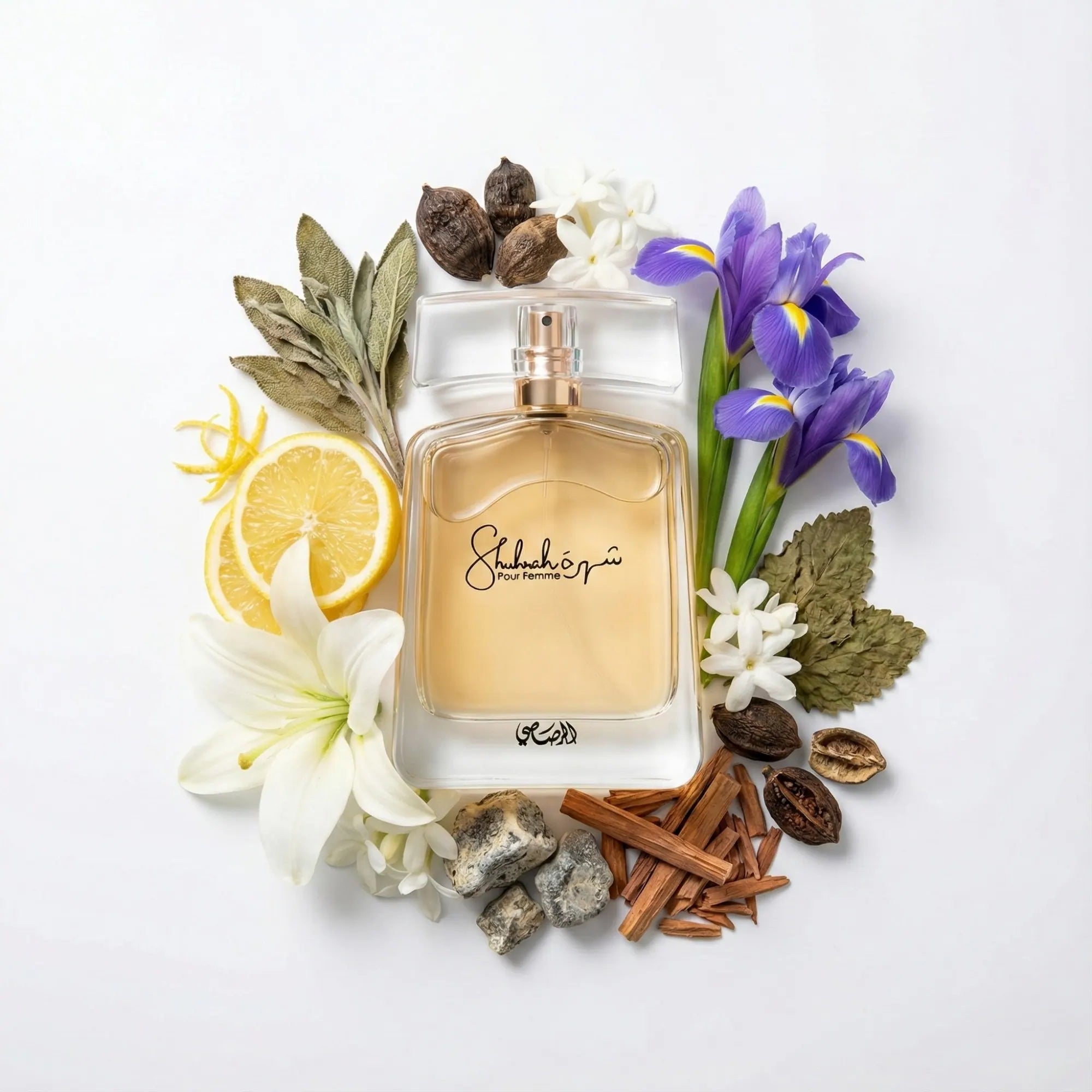 Shuhrah_Pour_Femme_Rasasi_Eau_de_Parfum_Para_Mujer_Fondo_Blanco_Salvia_Limon