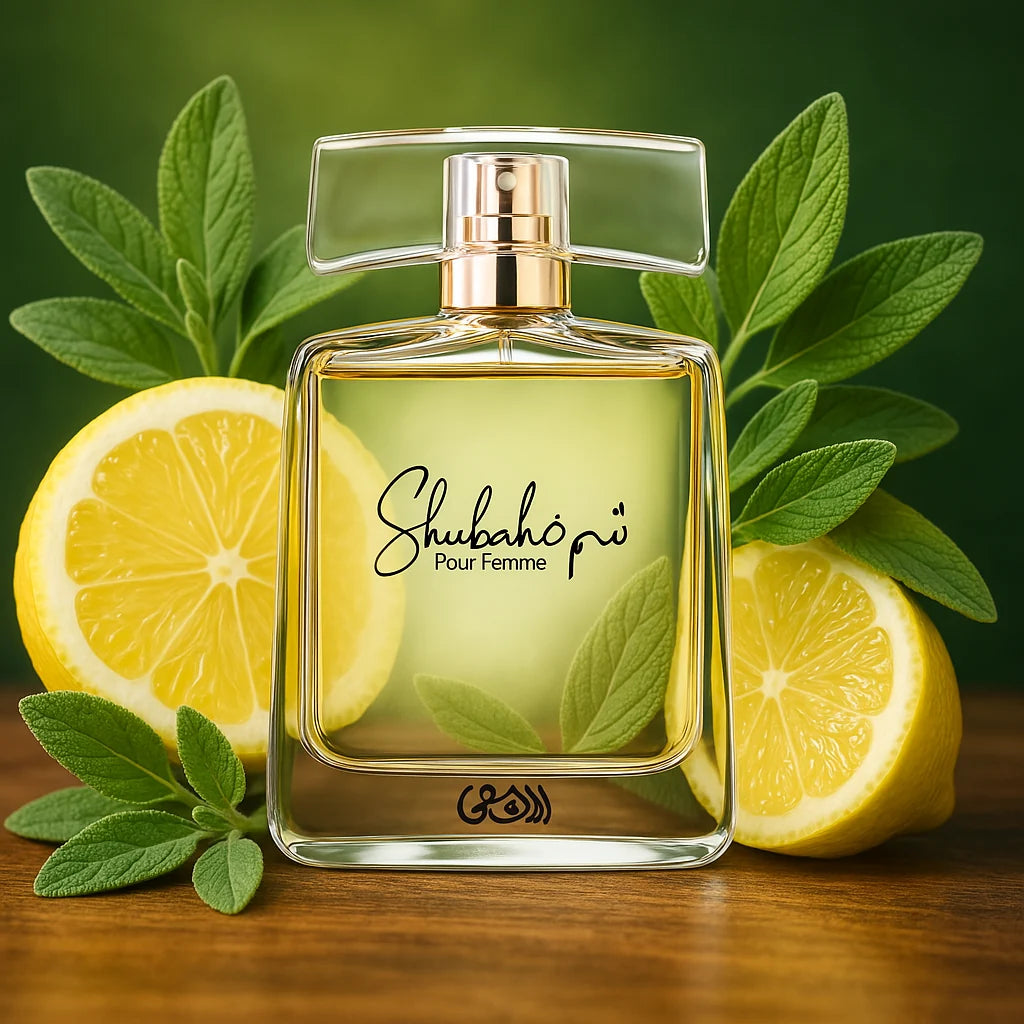 Shuhrah Pour Femme Rasasi Eau de Parfum Para Mujer con fondo de limones