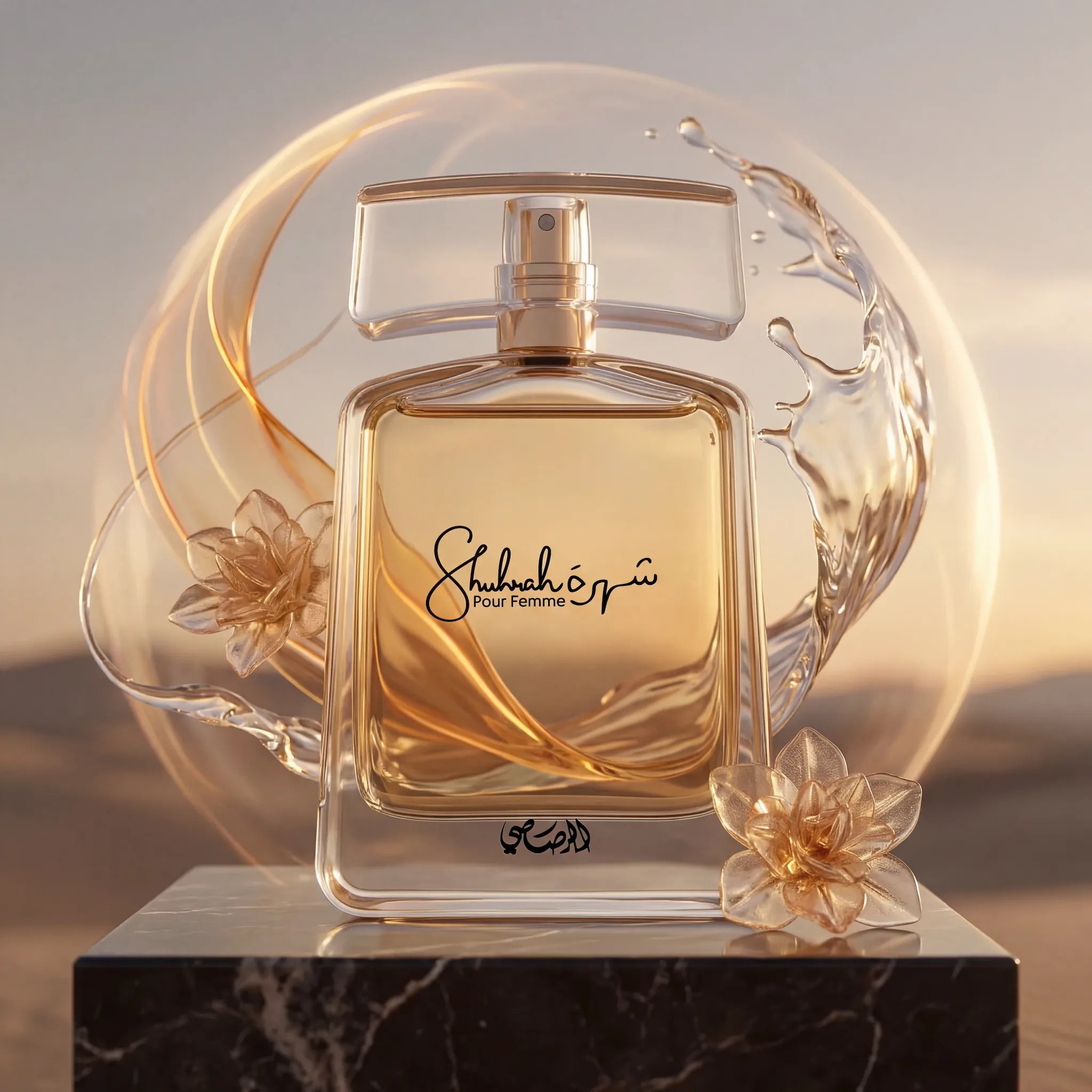 Shuhrah Pour Femme Rasasi Eau de Parfum Para Mujer con fondo creativo con aura aquática