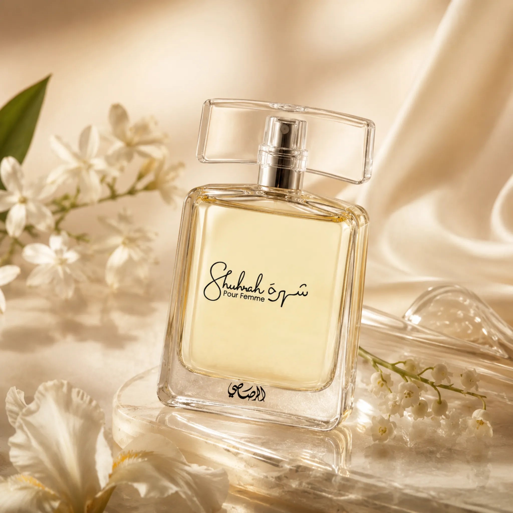 Shuhrah Pour Femme Rasasi Eau de Parfum Para Mujer con fondo creativo con aura aquática