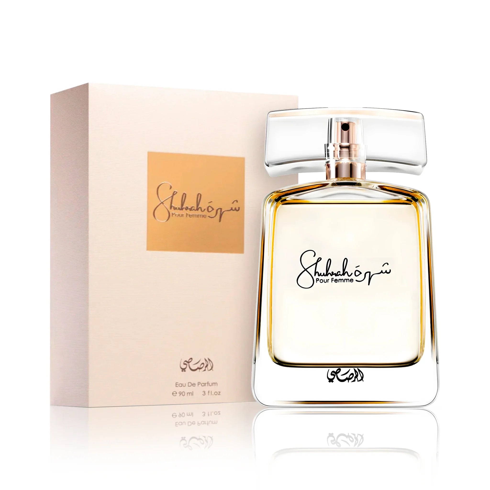 Frontal del Shuhrah Pour Femme Rasasi Eau de Parfum Para Mujer con su caja
