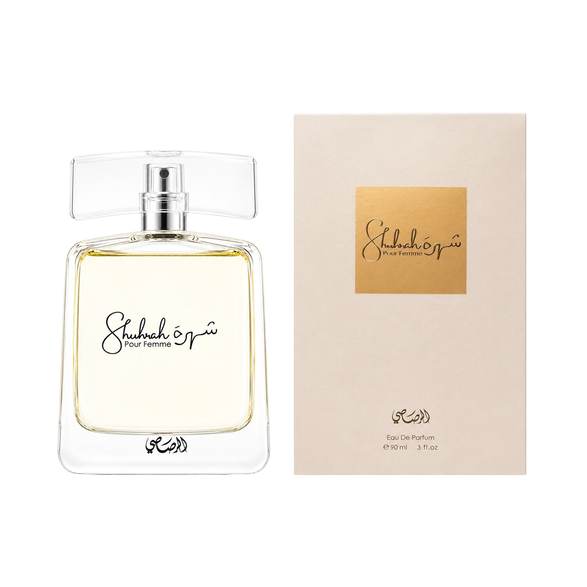 Frontal del Shuhrah Pour Femme Rasasi Eau de Parfum Para Mujer con su caja