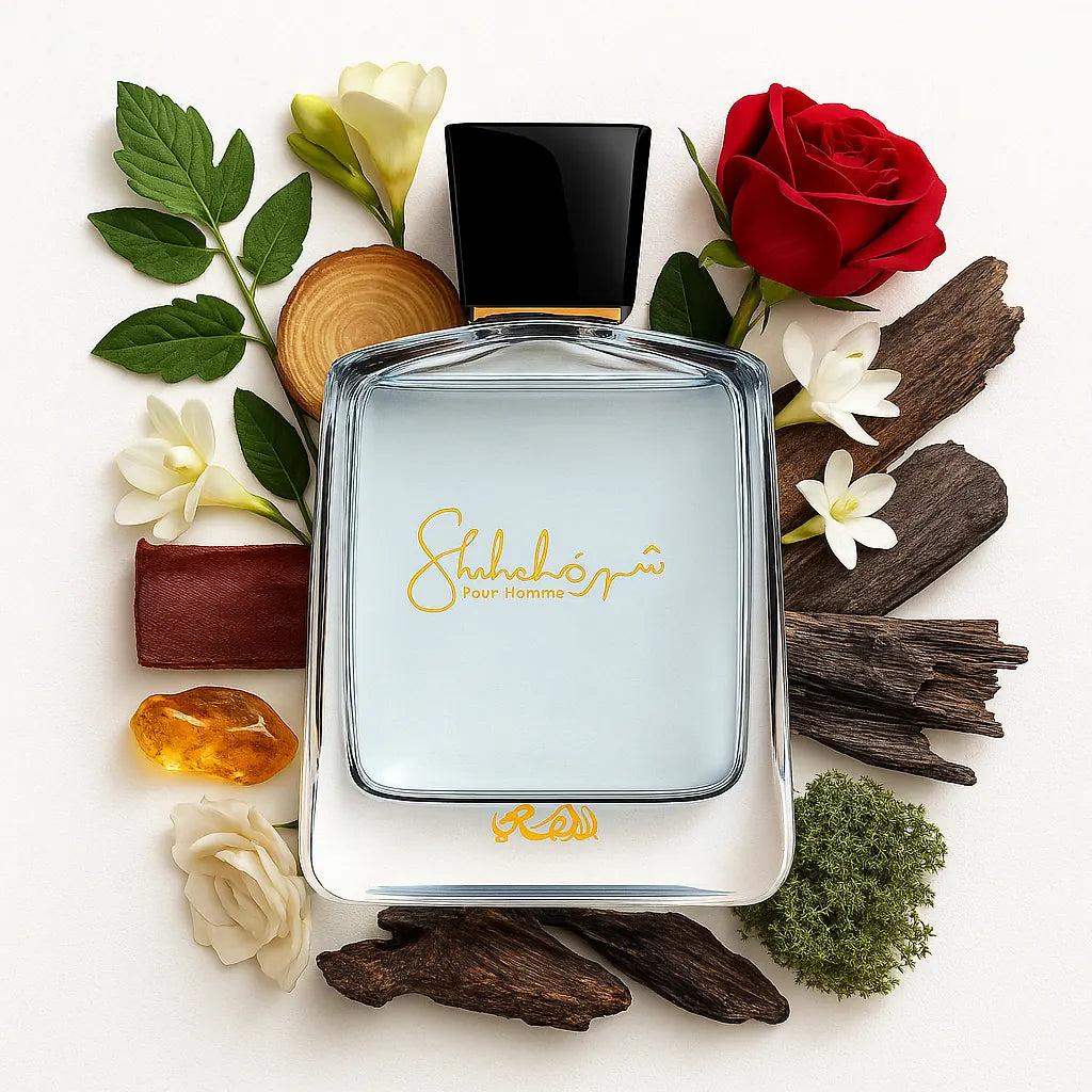 Shuhrah_Pour_Homme_Rasasi_Eau_de_Parfum_Para_Hombre_Fondo_Blanco_Rosa_Fresia