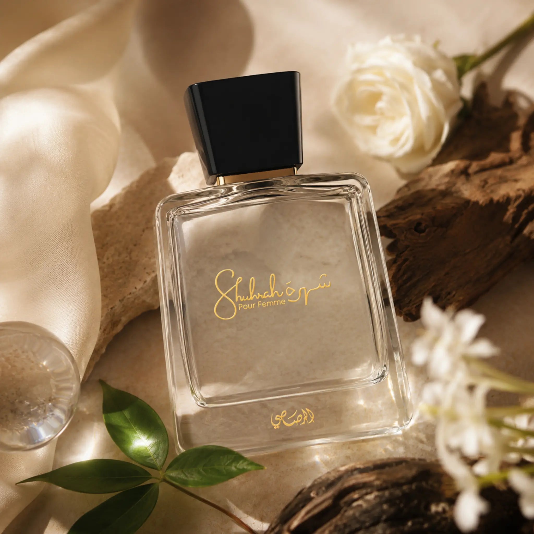 Shuhrah Pour Homme Rasasi Eau de Parfum Para Hombre con fondo creativo con detalles deserticos