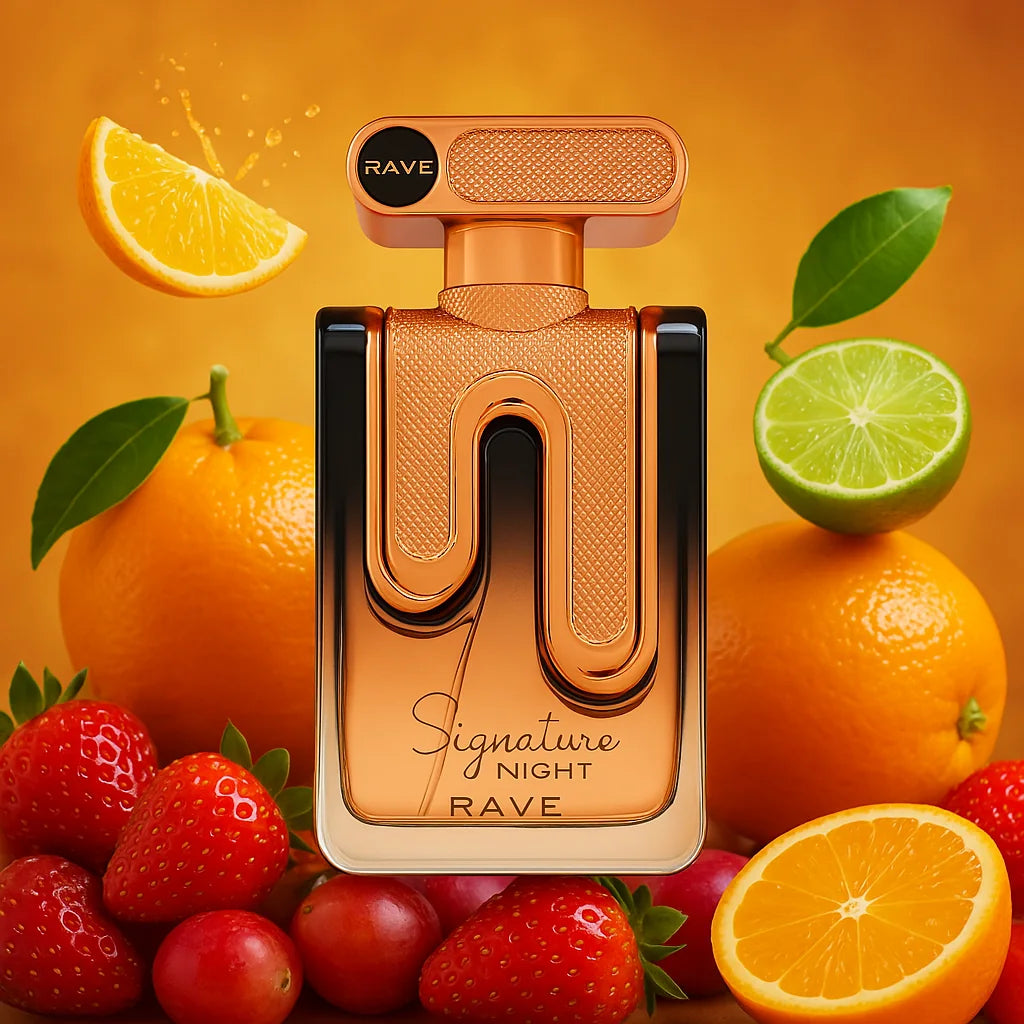 Signature Night Rave Eau de Parfum Para Mujer con fondo de frutas