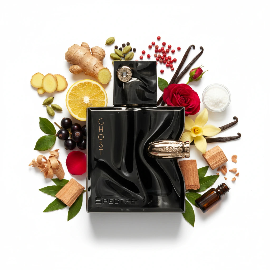 Spectre Ghost French Avenue Eau de Parfum Para Hombre con fondo de ingredientes