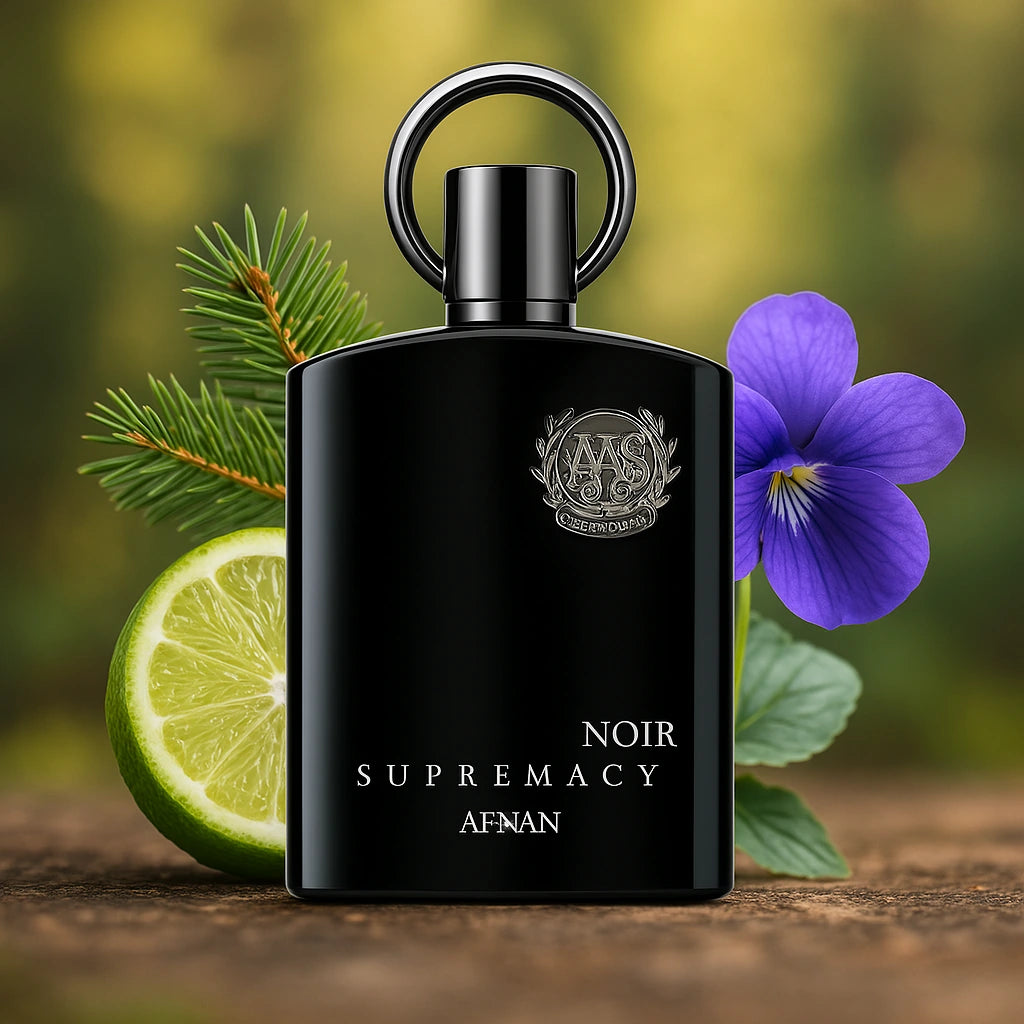 Supremacy Noir Afnan Eau de Parfum Para Hombre con fondo de flores