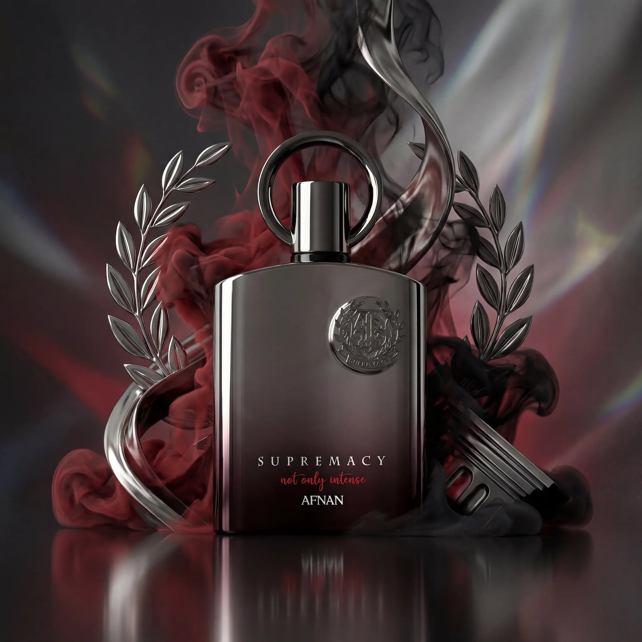Supremacy Not Only Intense Afnan Extrait de Parfum Para Hombre con fondo creativo rojo y gris