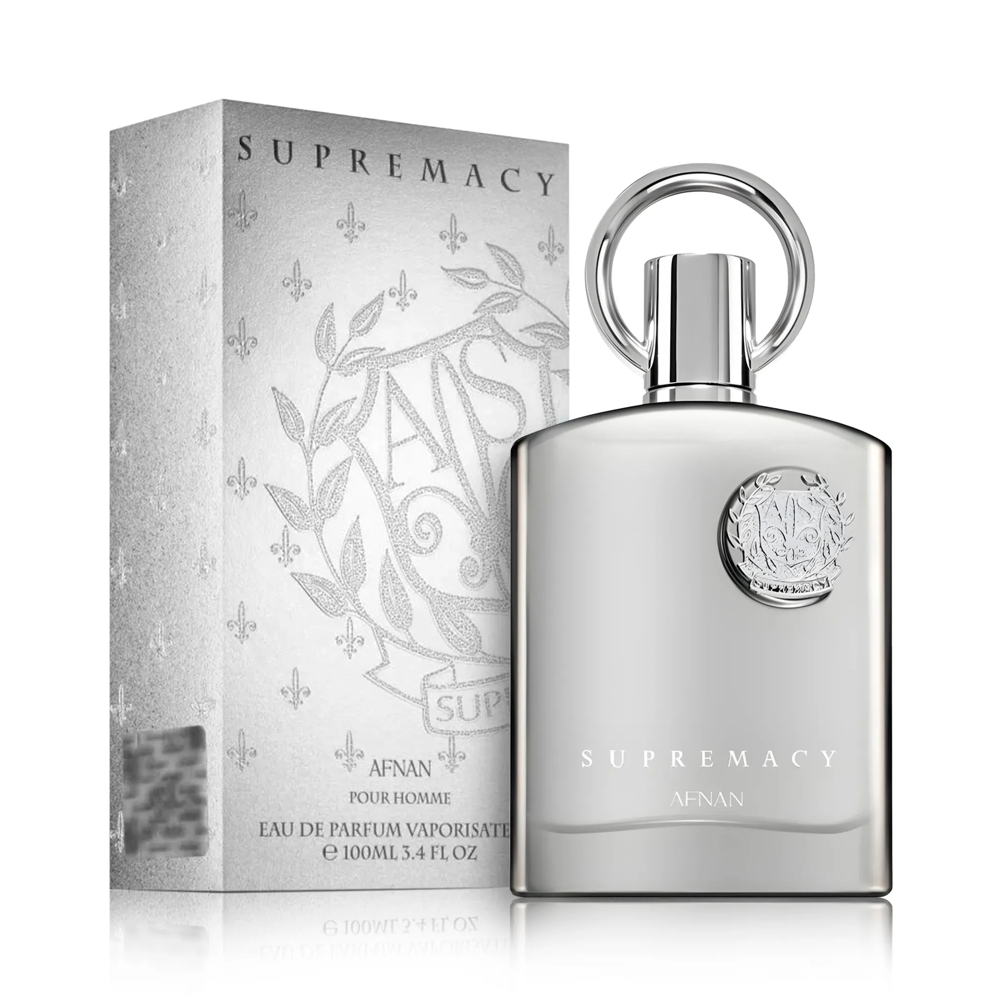 Frasco y caja del perfume Supremacy Silver Afnan Eau de Parfum Para Hombre