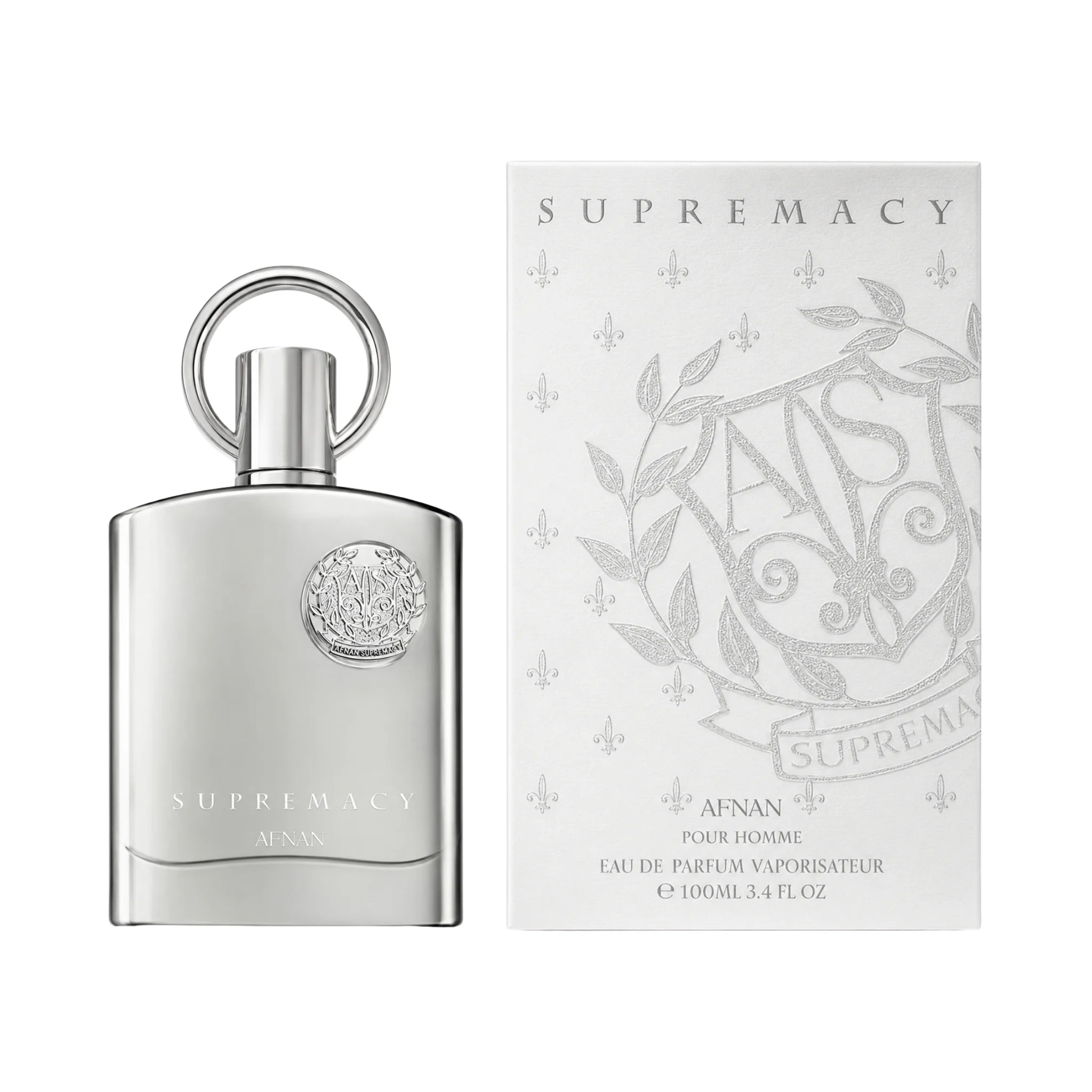 Frasco y caja del perfume Supremacy Silver Afnan Eau de Parfum Para Hombre