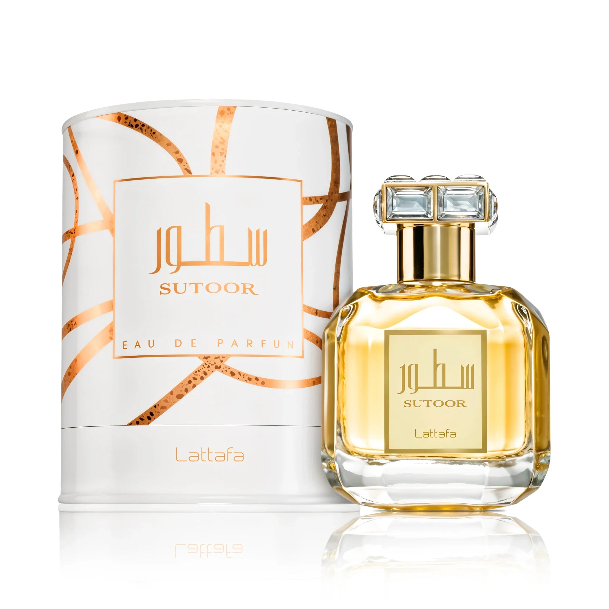 Frontal del Sutoor Lattafa Eau de Parfum Para Mujer con su caja