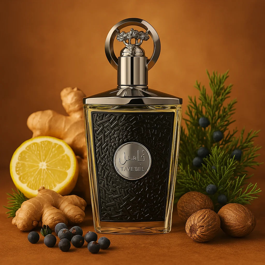 Ta'weel Lattafa Eau de Parfum Para Hombre con fondo de limón y jengibre