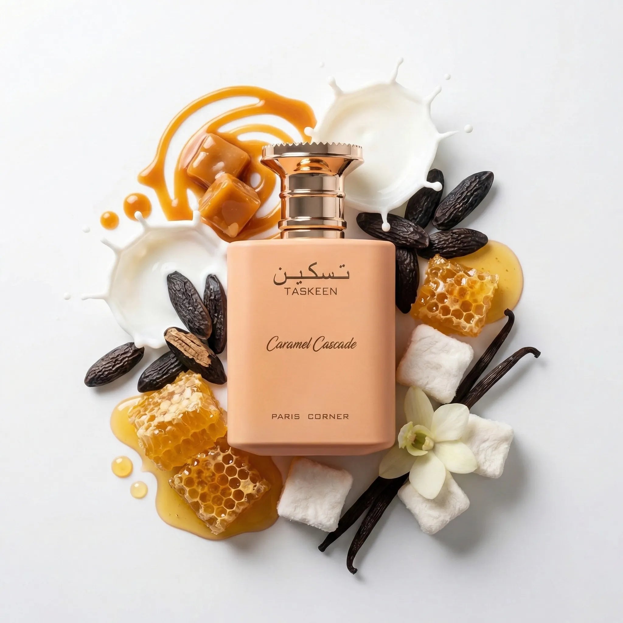 Taskeen Caramel Cascade Paris Corner Eau de Parfum Para Mujer con fondo de ingredientes