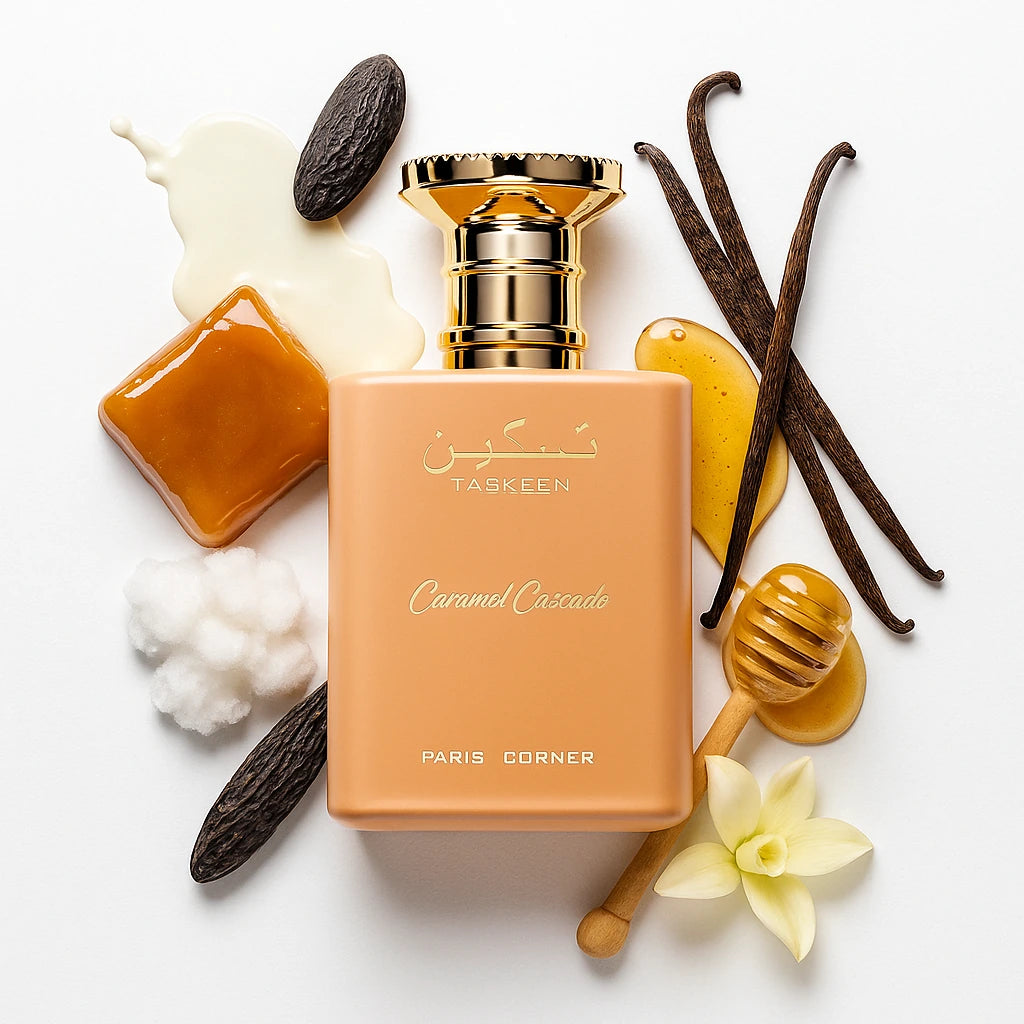 Taskeen Caramel Cascade Paris Corner Eau de Parfum Para Mujer con fondo con ingredientes