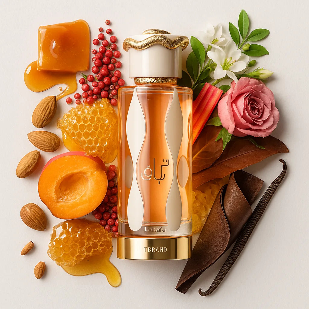Teriaq_Lattafa_Eau_de_Parfum_Para_Mujer_Fondo_Blanco_Miel_Rosa