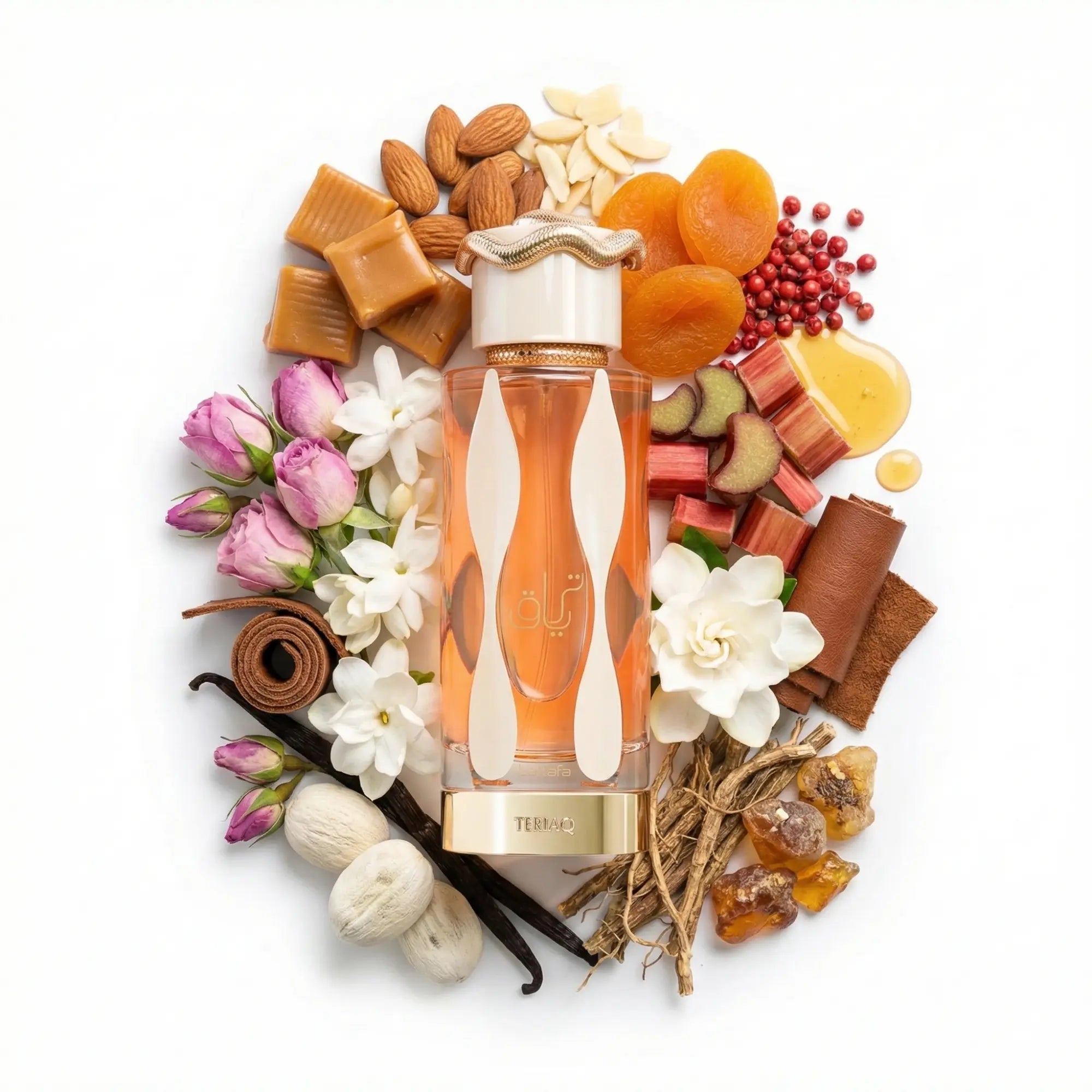 Teriaq_Lattafa_Eau_de_Parfum_Para_Mujer_Fondo_Blanco_Miel_Rosa