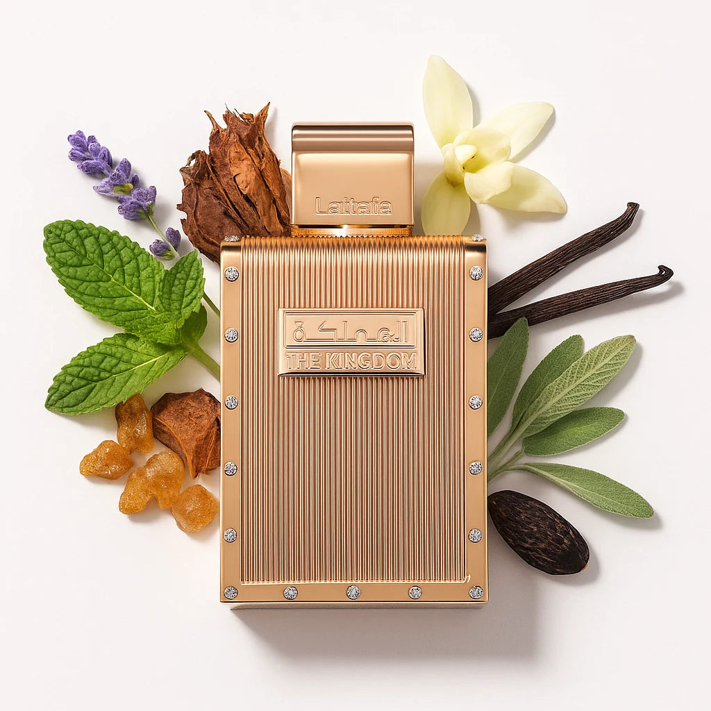 The Kingdom Lattafa Eau de Parfum Para Hombre con fondo de ingredientes