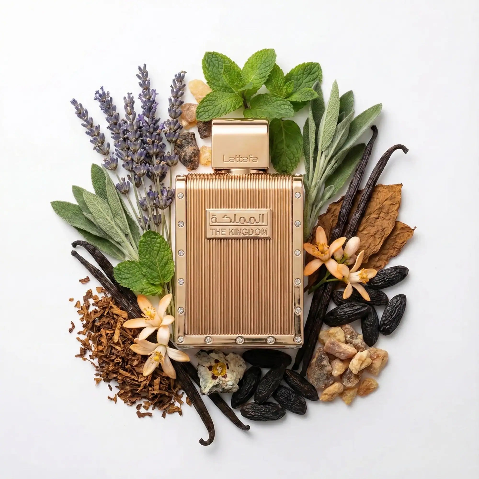 The Kingdom Lattafa Eau de Parfum Para Hombre con fondo de ingredientes