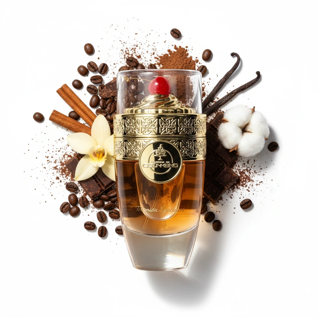 Tiramisu Speculoos Paris Corner Eau de Parfum Para Mujer con fondo de ingredientes