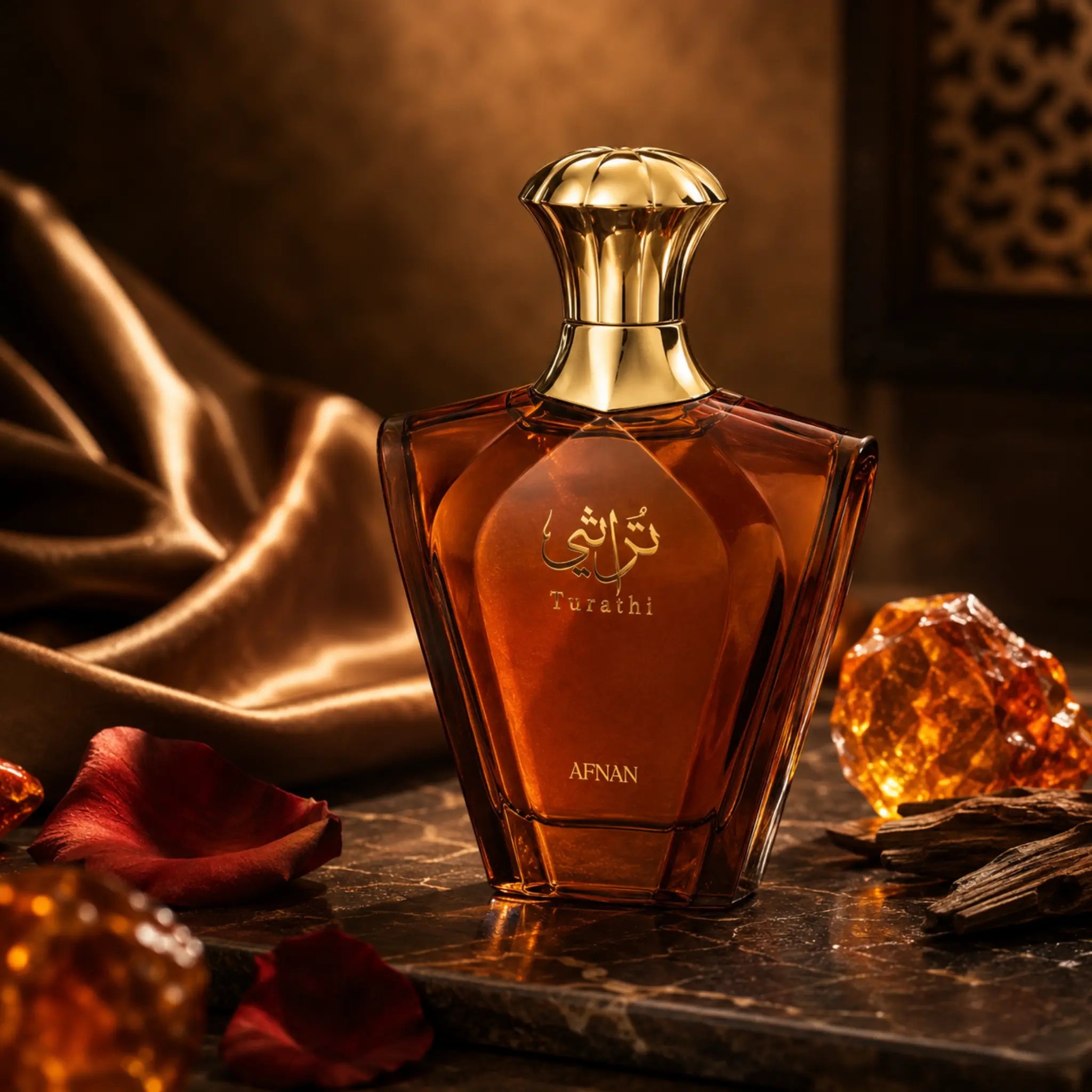 Turathi Brown Afnan Eau de Parfum Para Hombre con fondo creativo vintage