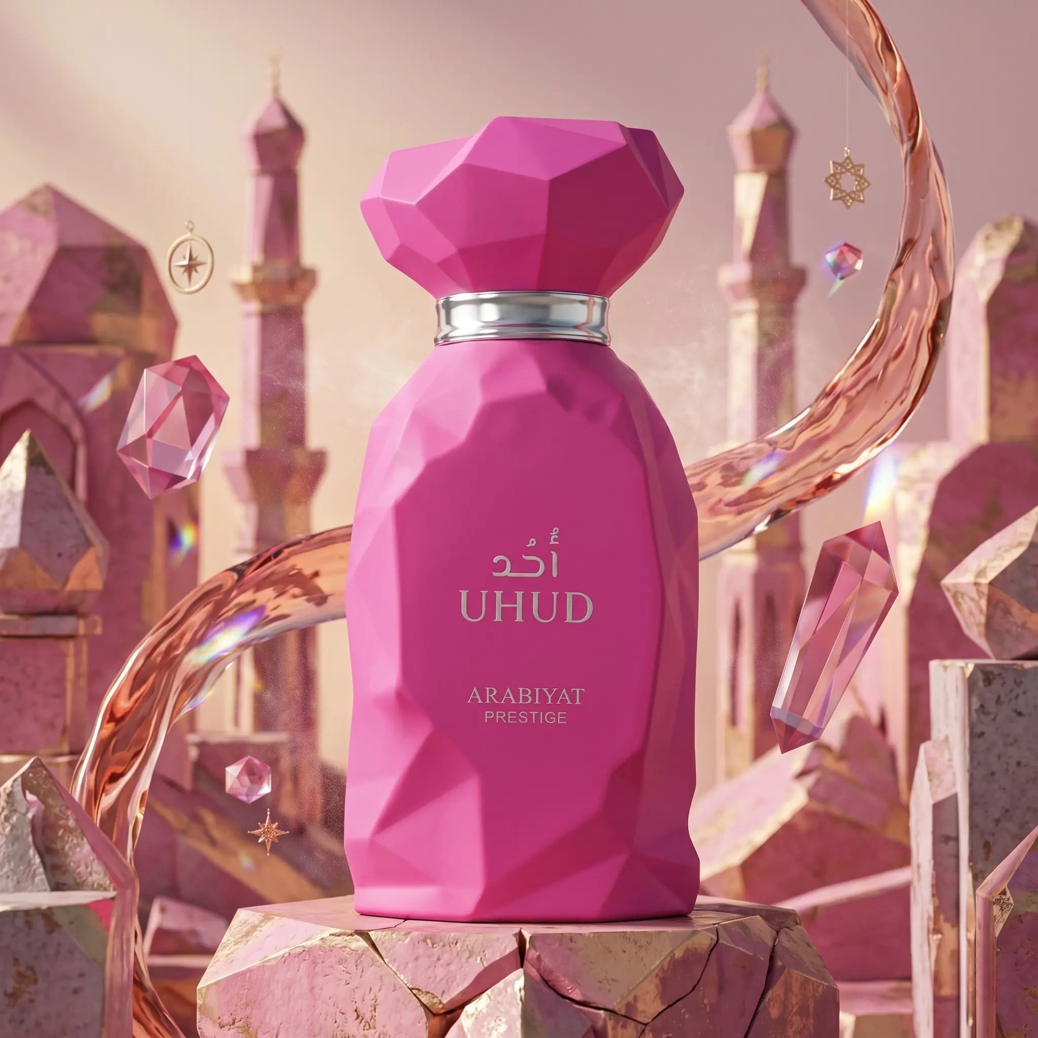 Uhud Arabiyat Prestige Eau de Parfum con fondo creativo de cristales