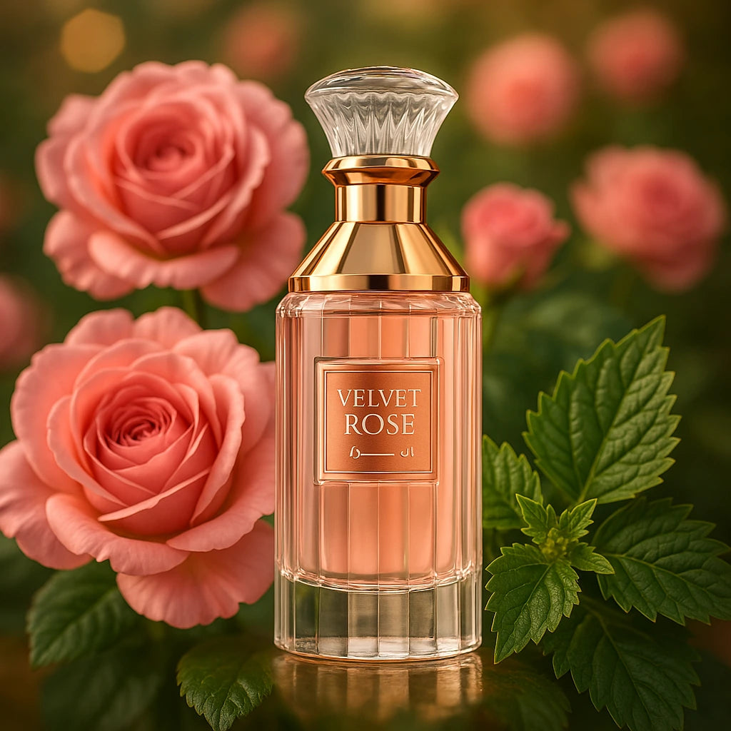 Velvet Rose Lattafa Eau de Parfum Para Mujer con fondo de flores