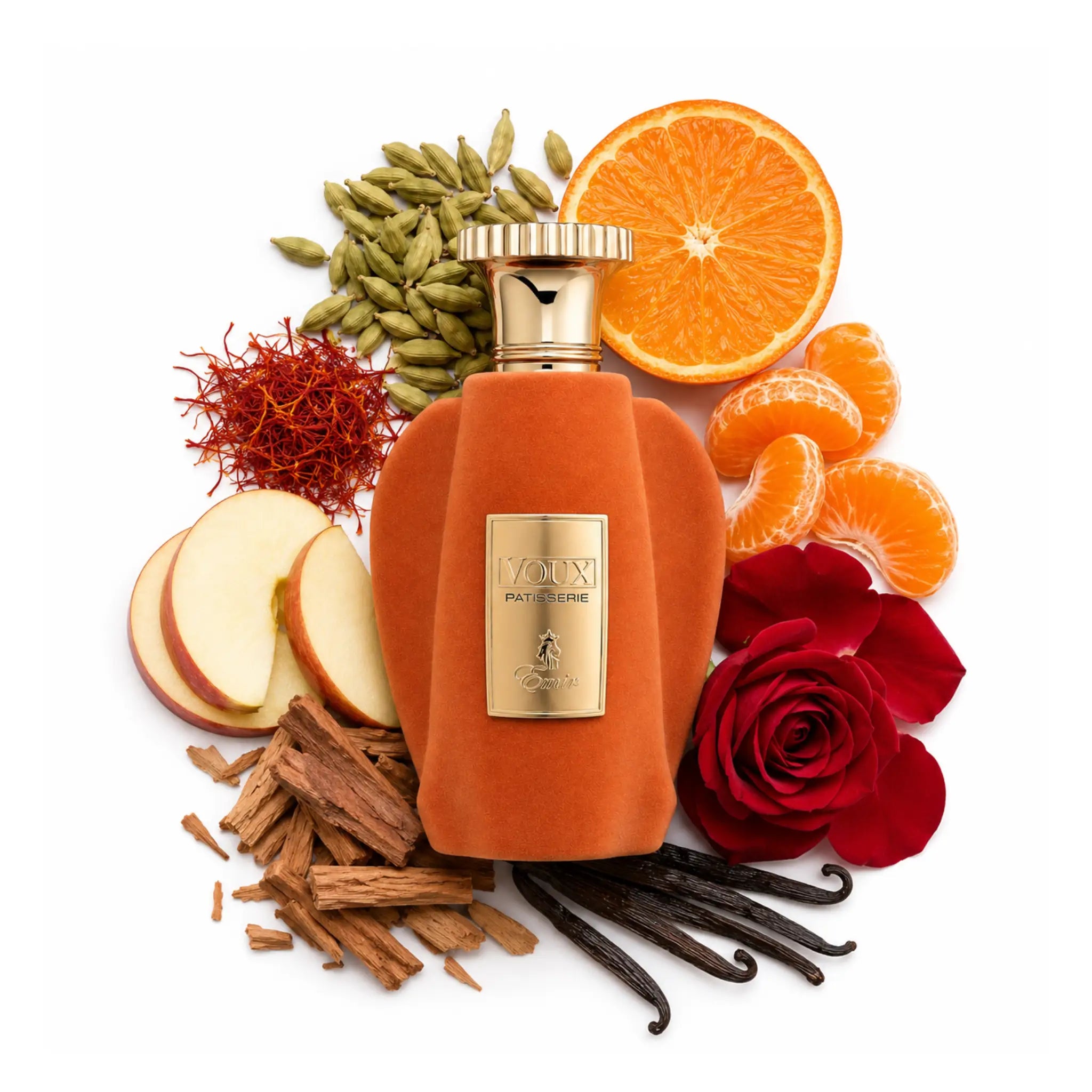 Voux Patisserie Emir Eau de Parfum Unisex con fondo de ingredientes