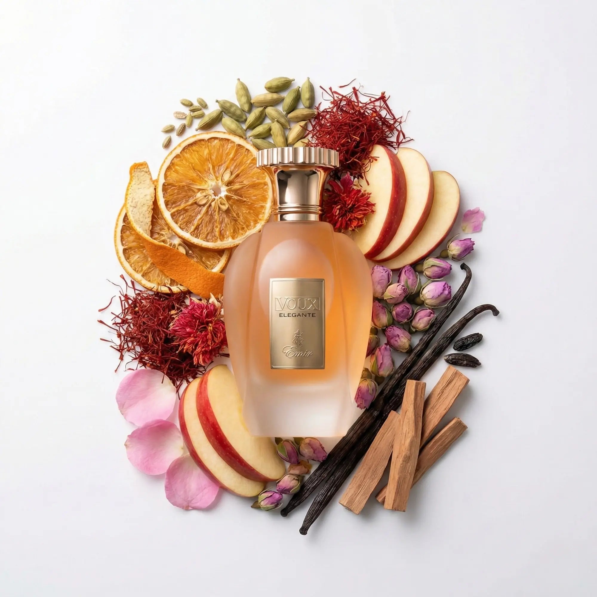 Voux Patisserie Emir Eau de Parfum Unisex con fondo de ingredientes