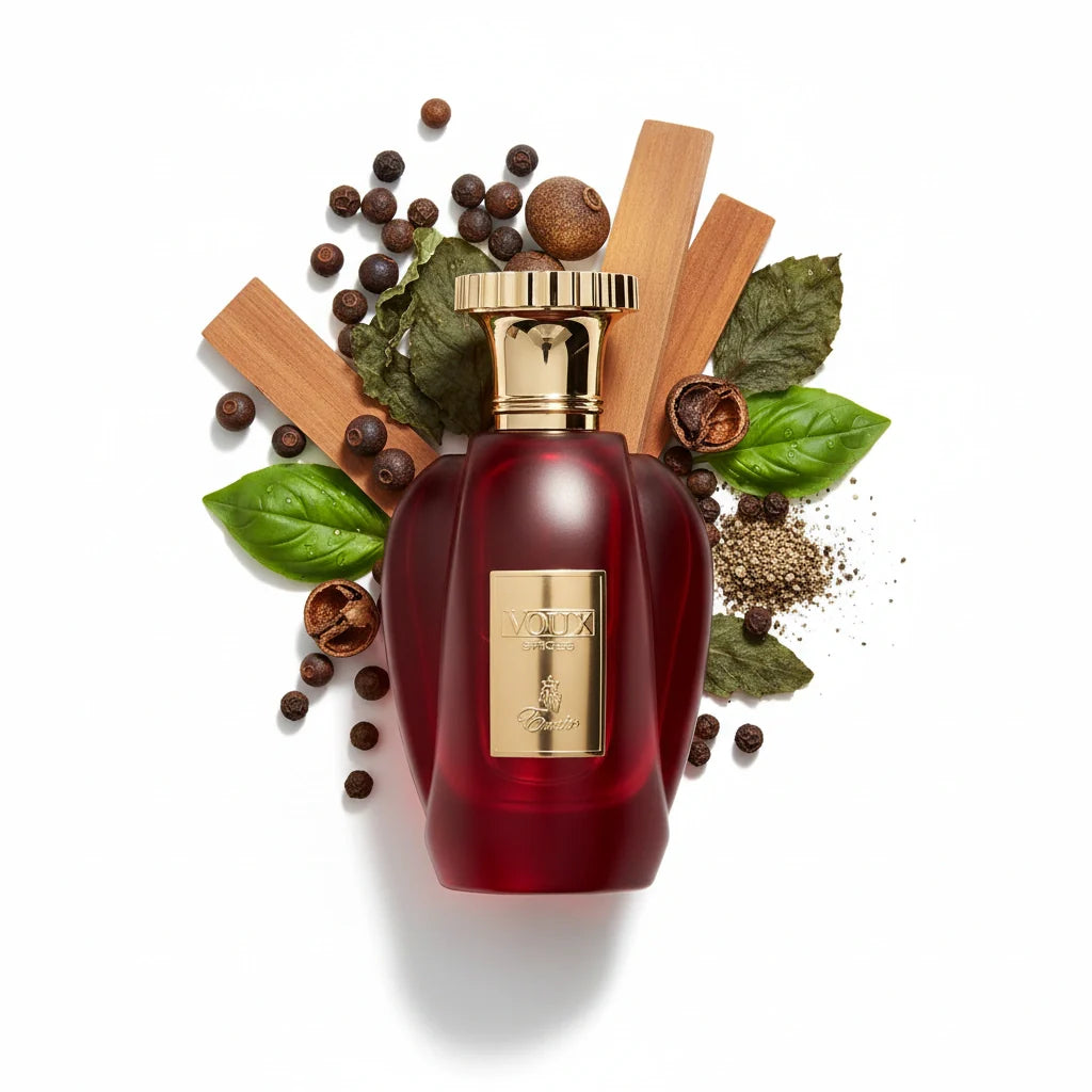 Voux Spices Paris Corner Eau de Parfum Unisex con fondo de ingredientes