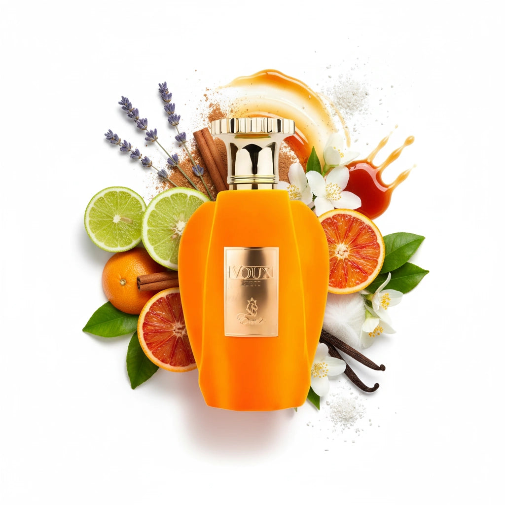 Voux Zeste Paris Corner Eau de Parfum Para Mujer con fondo de ingredientes