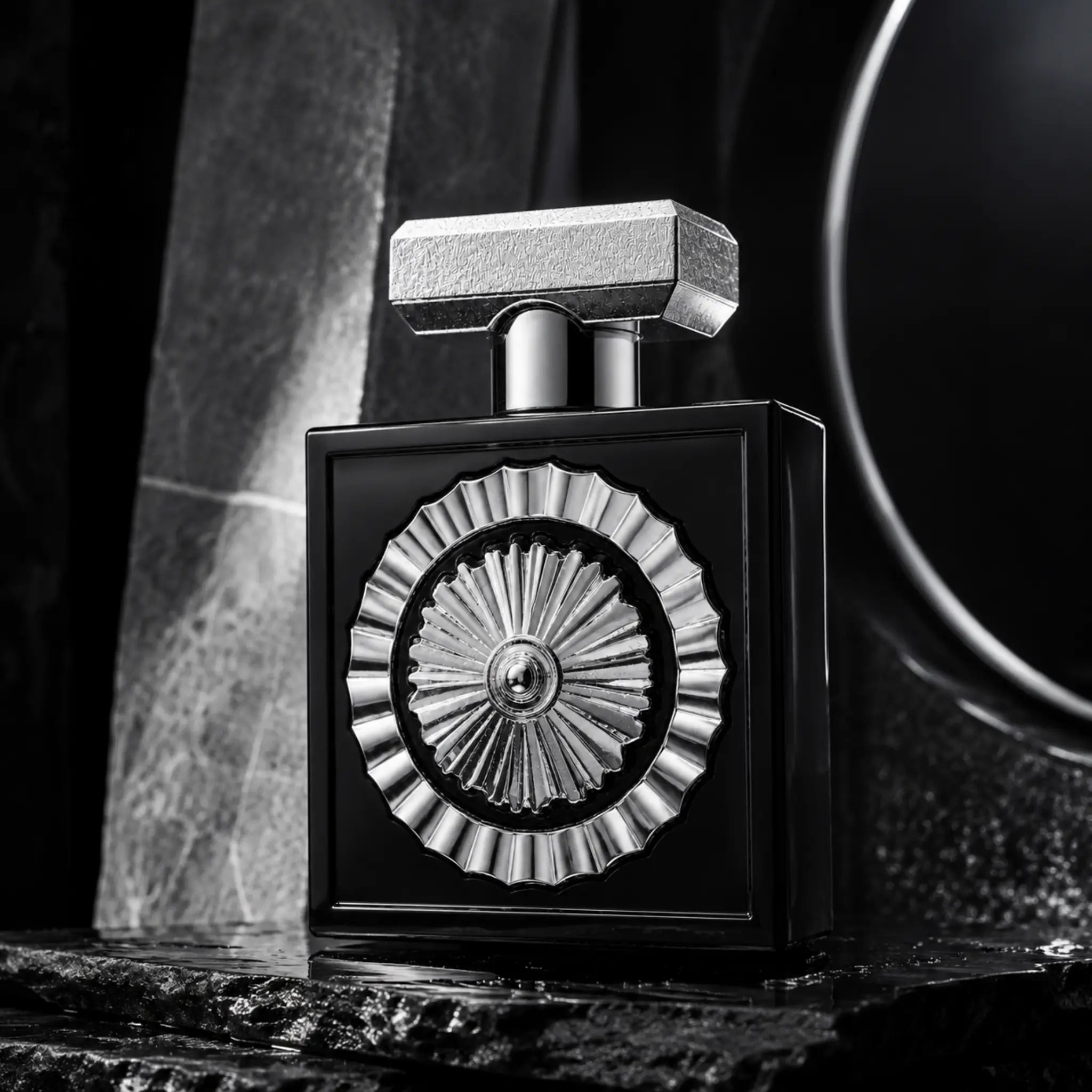 Wajood Lattafa Eau de Parfum Para Hombre con fondo creativo metalico