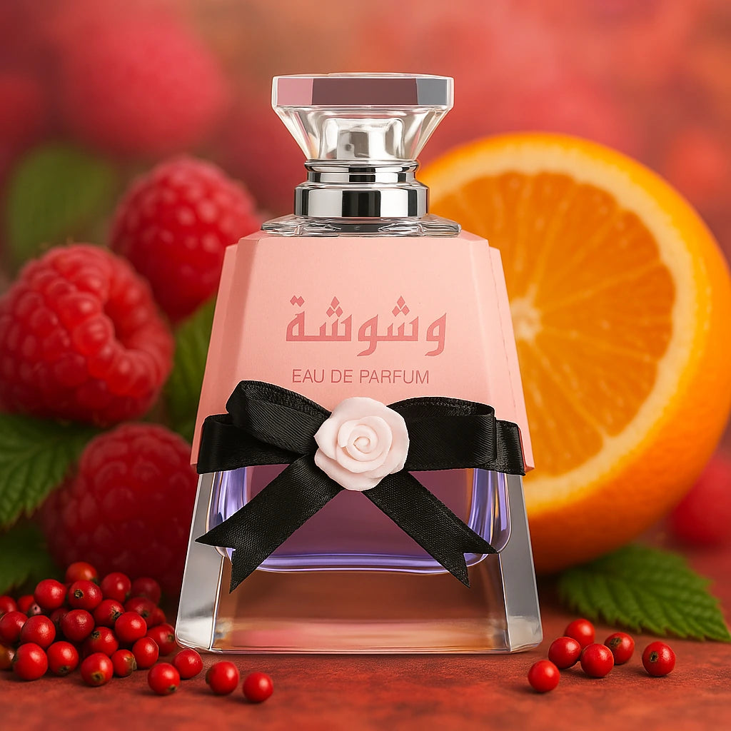 Washwashah Lattafa Eau de Parfum Para Mujer con fondo de frutas