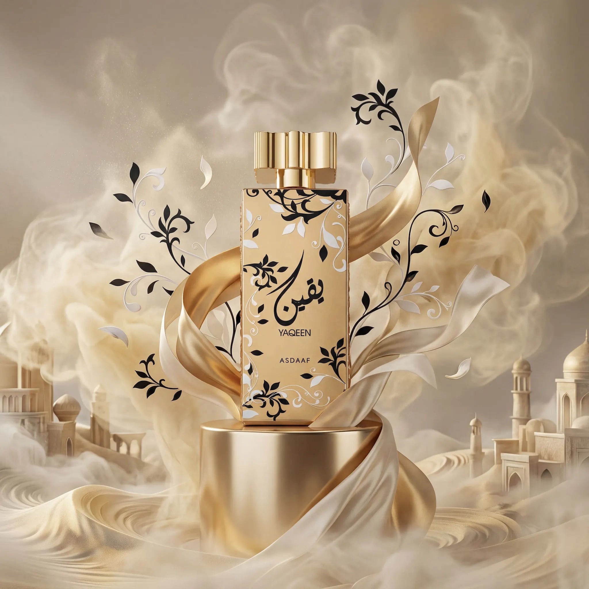 Yaqeen Asdaaf Eau de Parfum Para Mujer con fondo creativo desértico con flores blancas