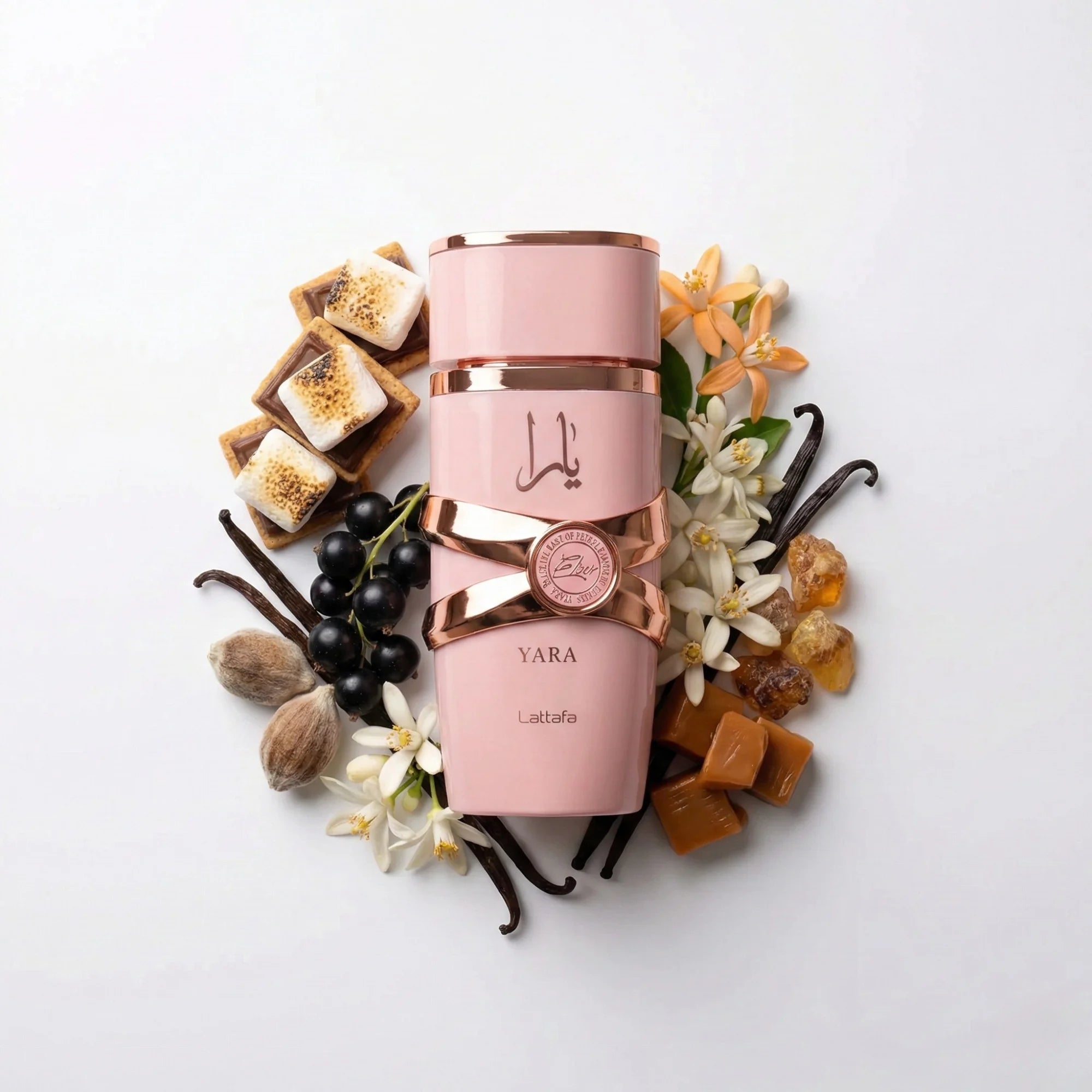 Yara Elixir Lattafa Eau de Parfum Para Mujer con fondo de ingredientes