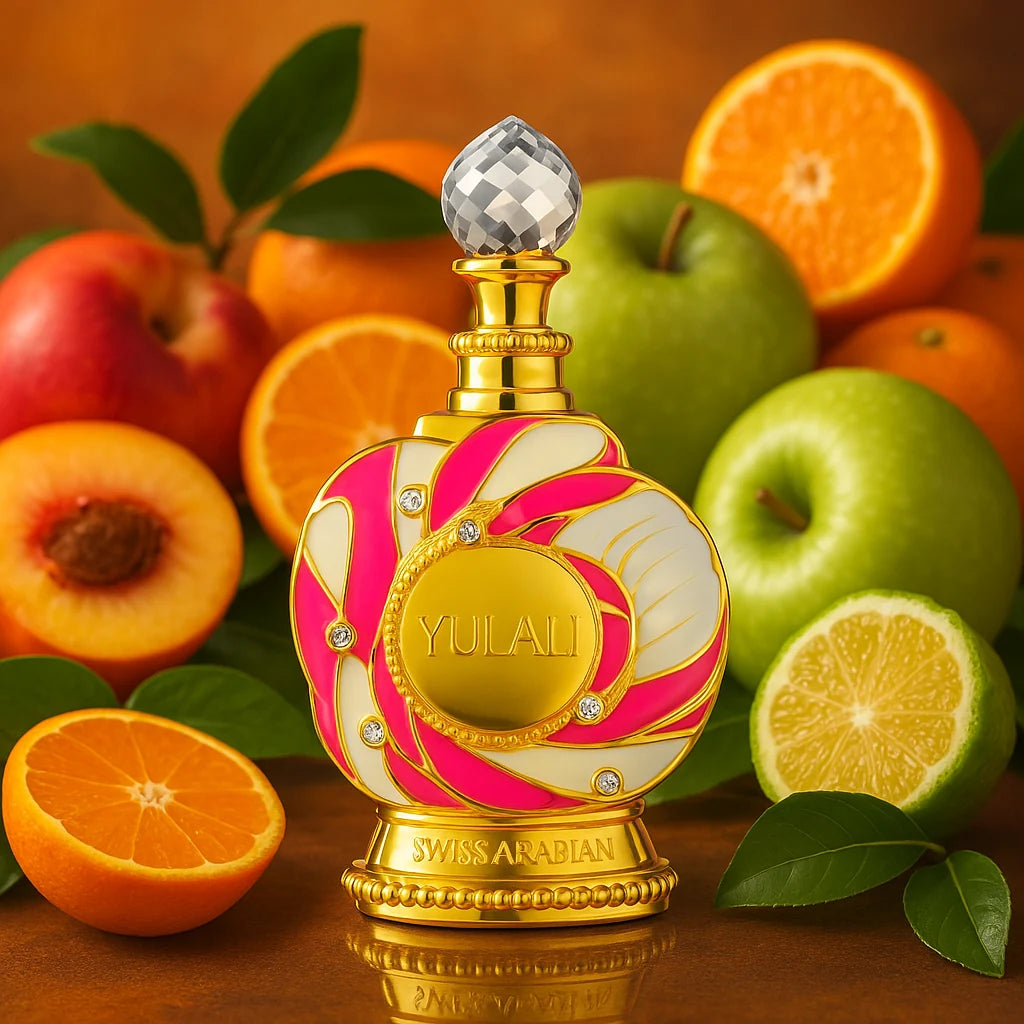 Yulali Swiss Arabian Aceite Perfumado Para Mujer con fondo de frutas