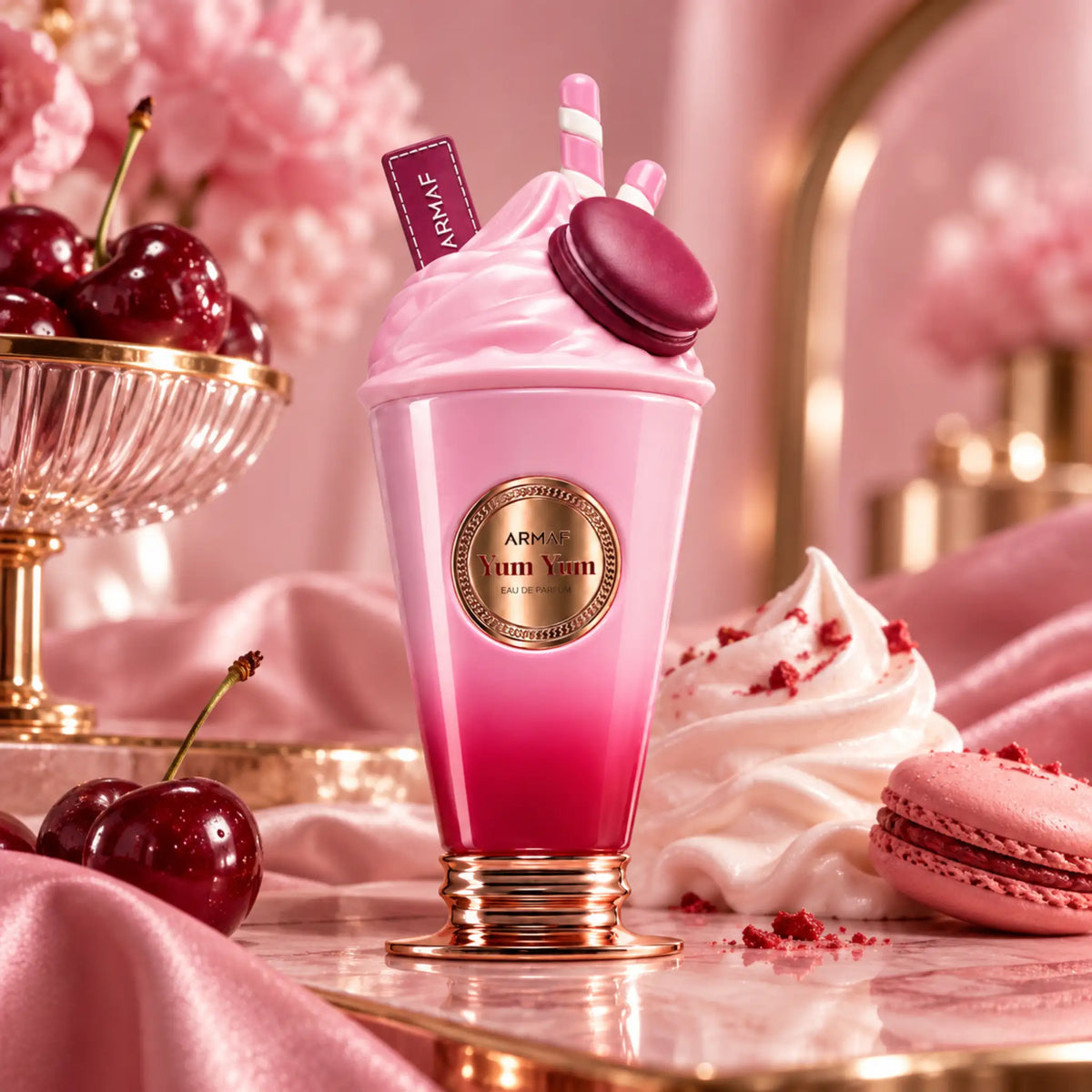 Yum Yum Armaf Eau de Parfum con fondo de cereza y dulces