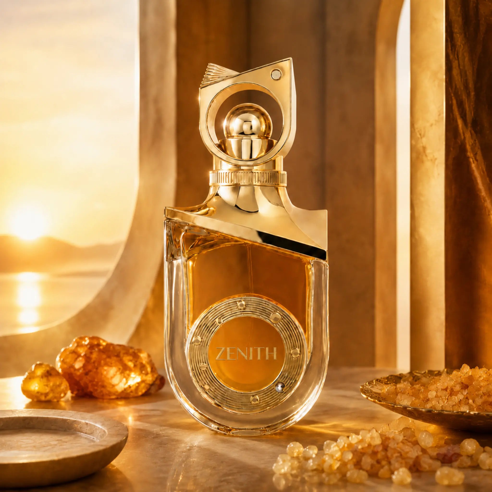 Zenith Riiffs Extrait de Parfum con fondo de cielo dorado