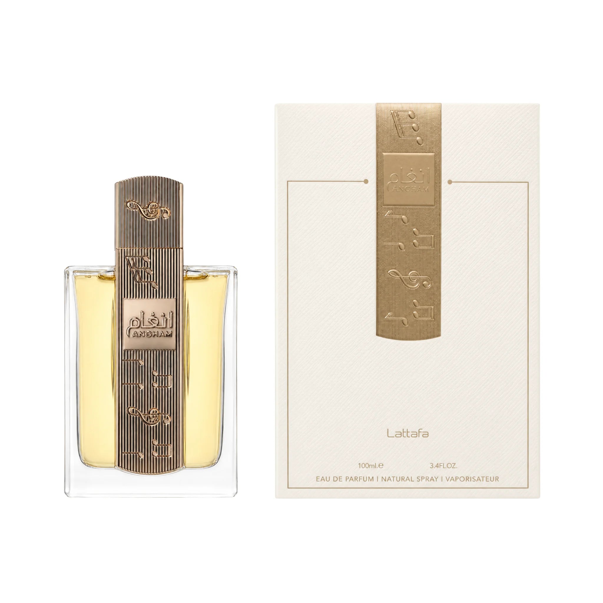 Frasco y caja de Angham Lattafa Eau de Parfum Unisex