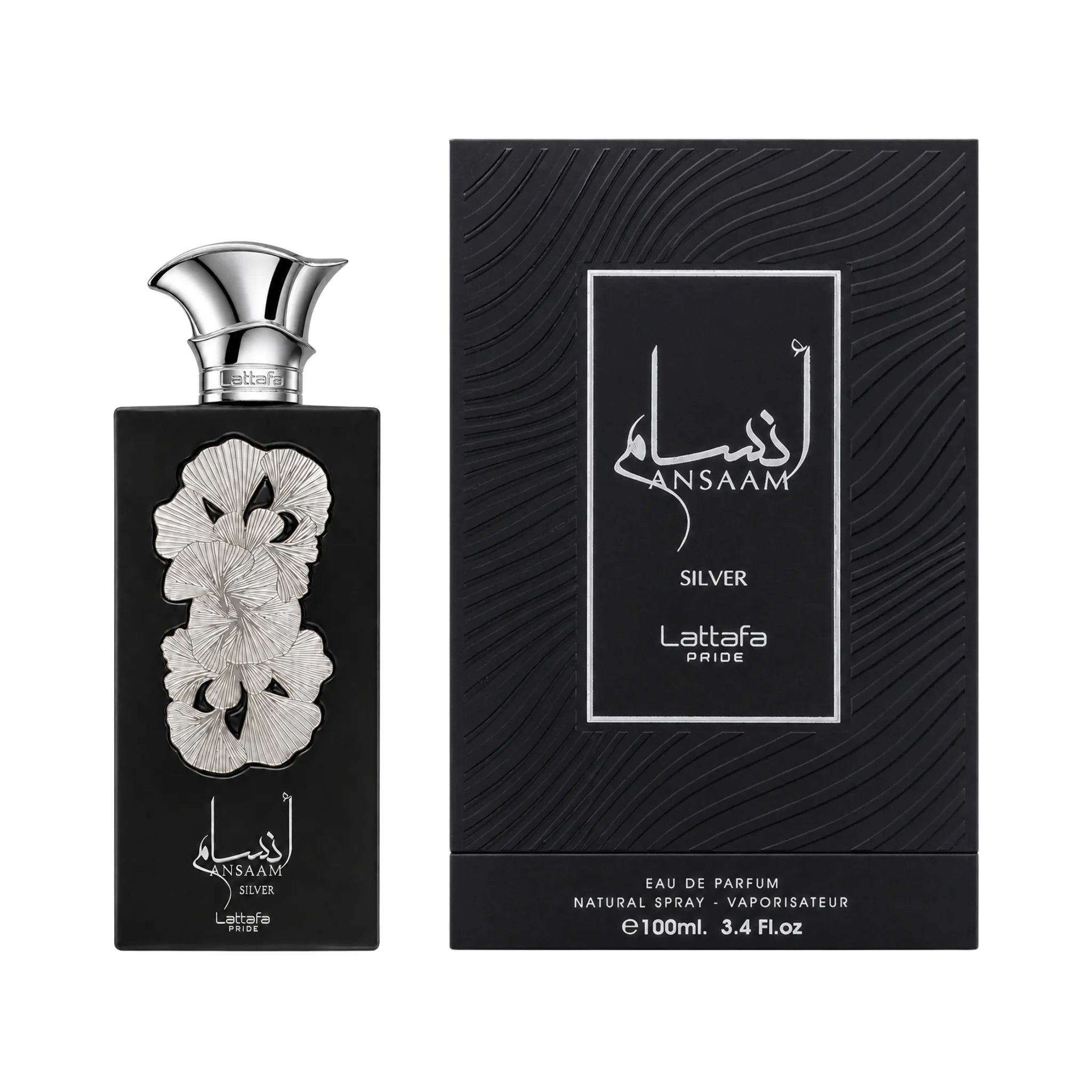 Frasco y caja de Ansaam Silver Lattafa Eau de Parfum Unisex