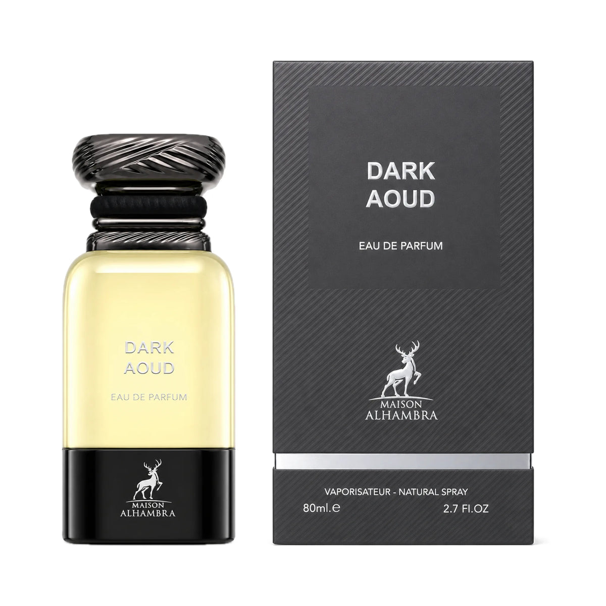 Frasco y caja de Dark Aoud Maison Alhambra Eau de Parfum Para Hombre