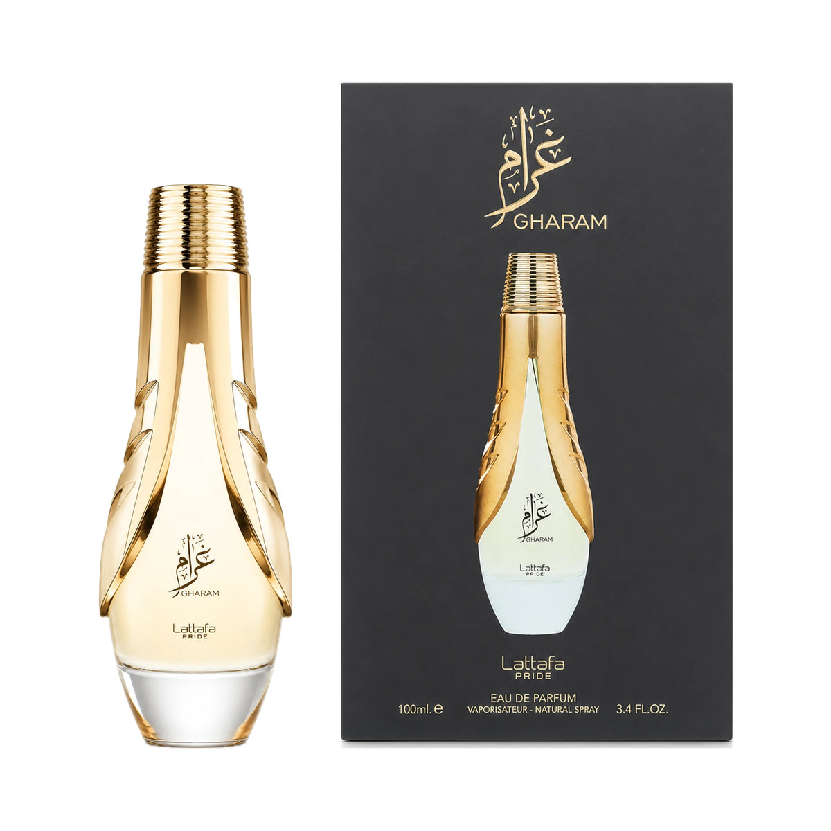 Frasco y caja de Gharam Lattafa Eau de Parfum Para Mujer