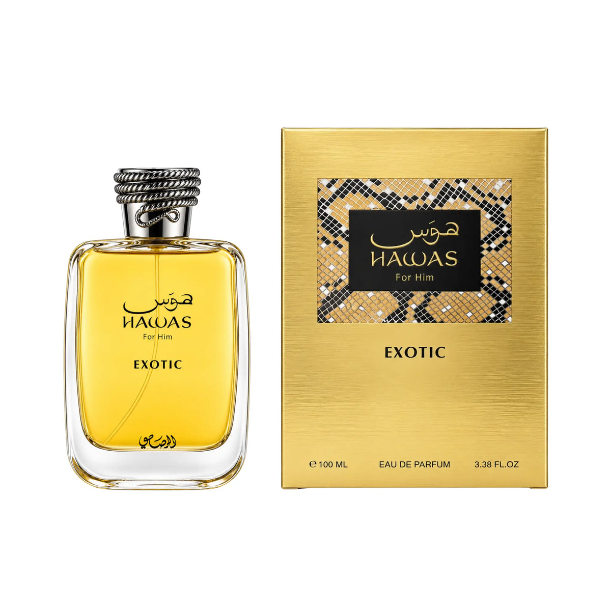 Frasco y caja de Hawas Exotic Rasasi Eau de Parfum