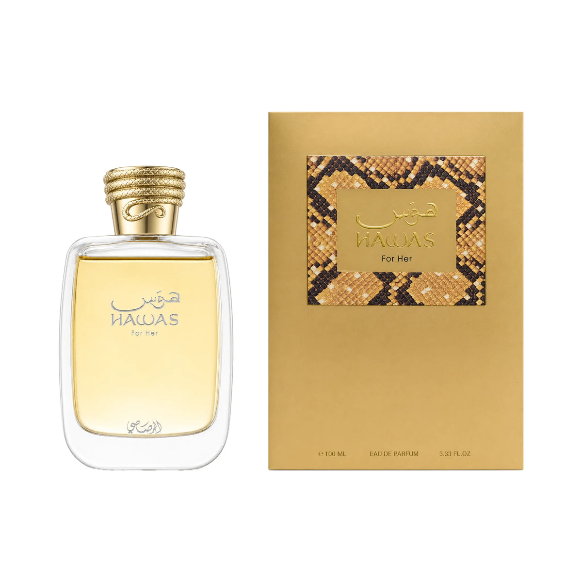 Frasco y caja de Hawas For Her Rasasi Eau de Parfum Para Mujer