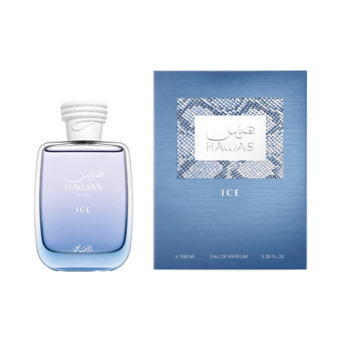 Frasco y caja de Hawas Ice Rasasi Eau de Parfum Para Hombre