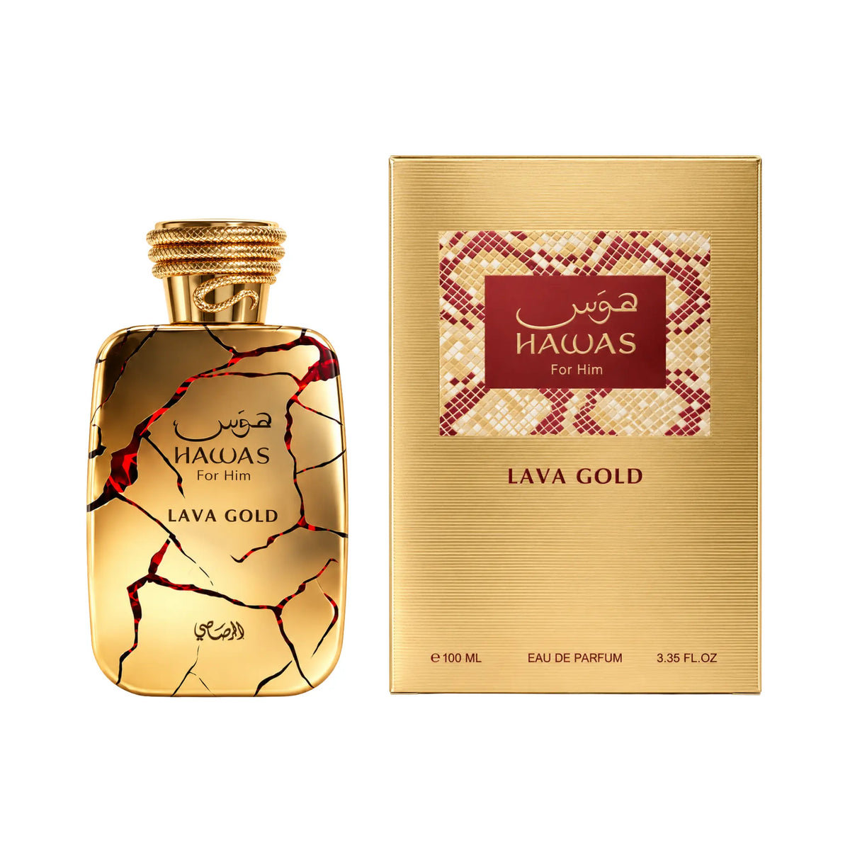 Frasco y caja de Hawas Lava Gold Rasasi Eau de Parfum