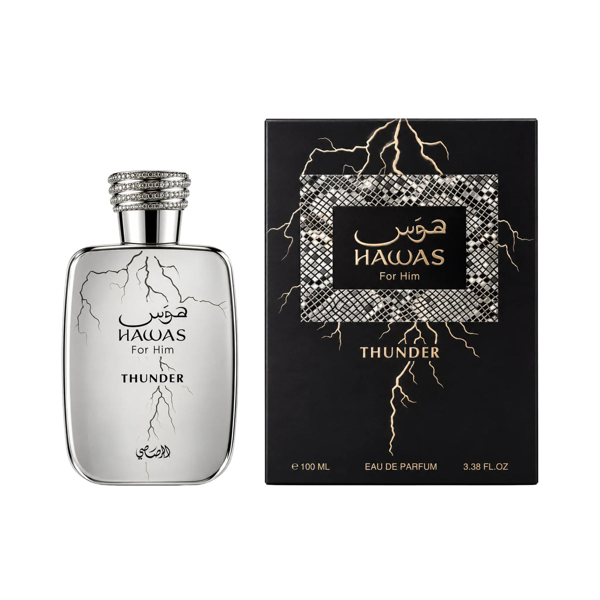 Frasco y caja de Hawas Thunder Rasasi Eau de Parfum