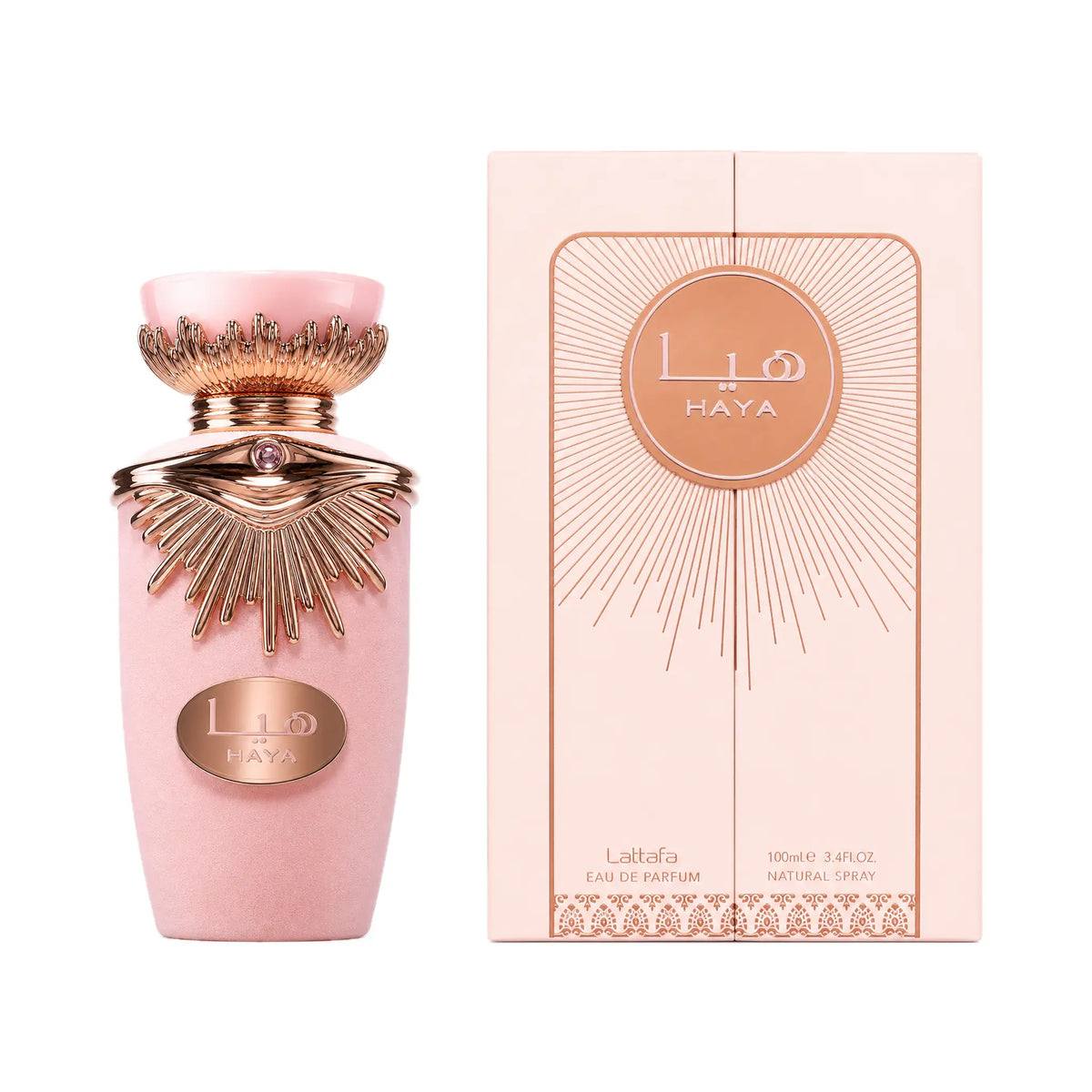 Frasco y caja de Haya Lattafa Eau de Parfum Para Mujer