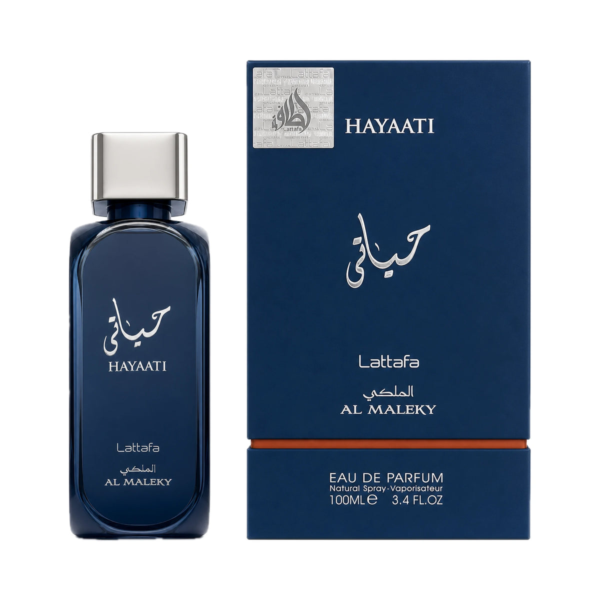 Frasco y caja de Hayaati Al Maleky Lattafa Eau de Parfum Para Hombre
