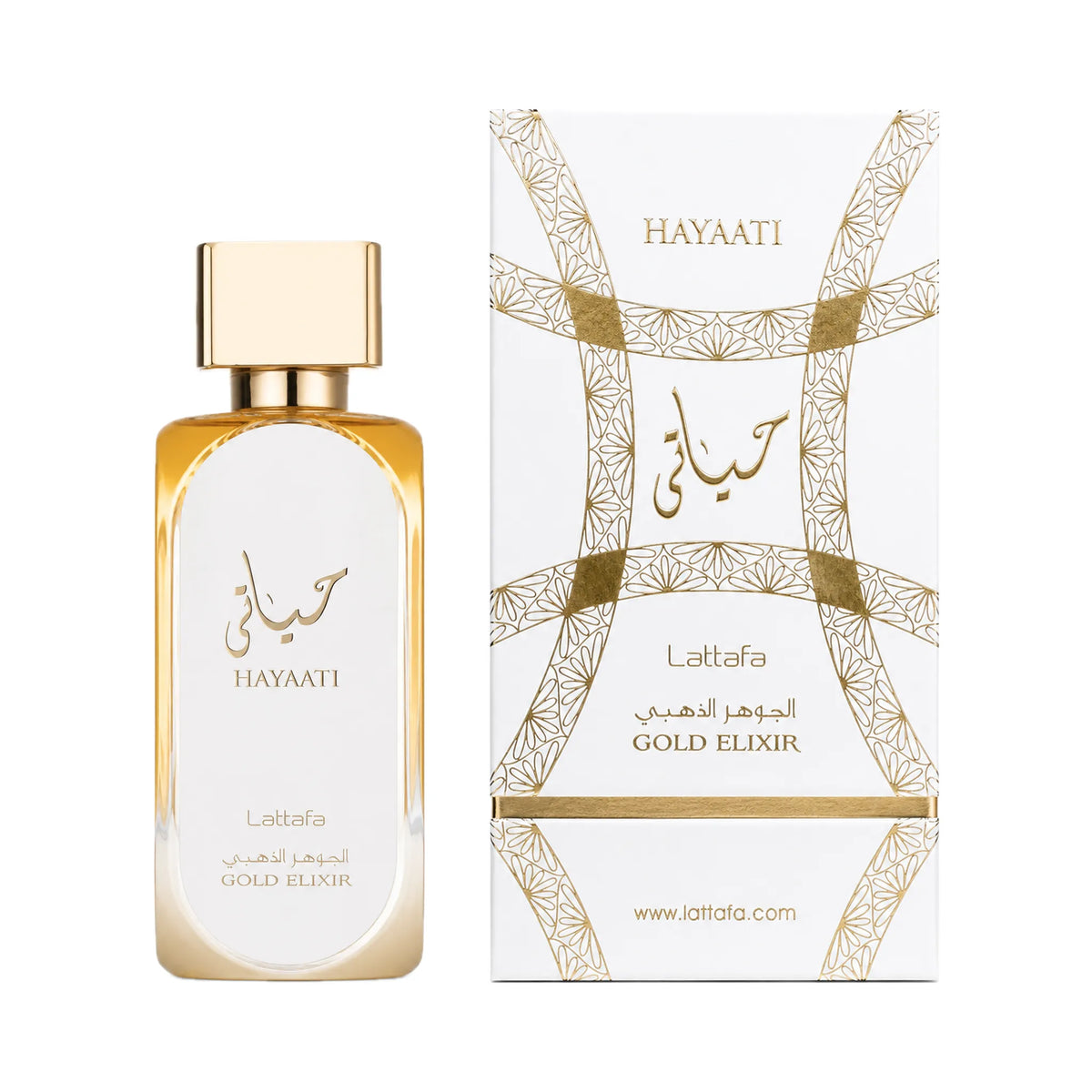 Frasco y caja de Hayaati Gold Elixir Lattafa Eau de Parfum Unisex